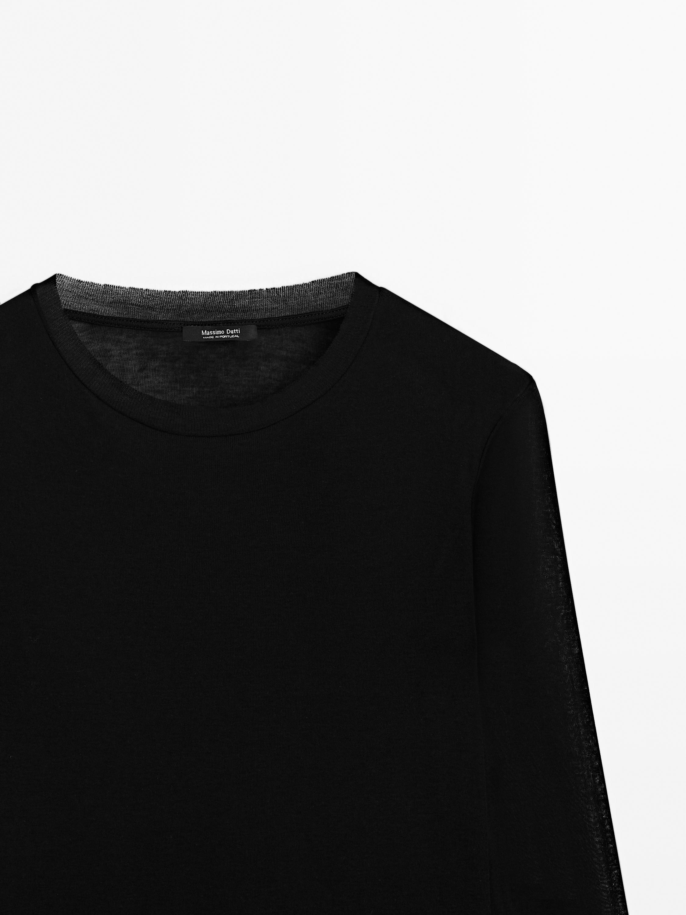 100% cotton semi-sheer T-shirt with collar detail — BLACK