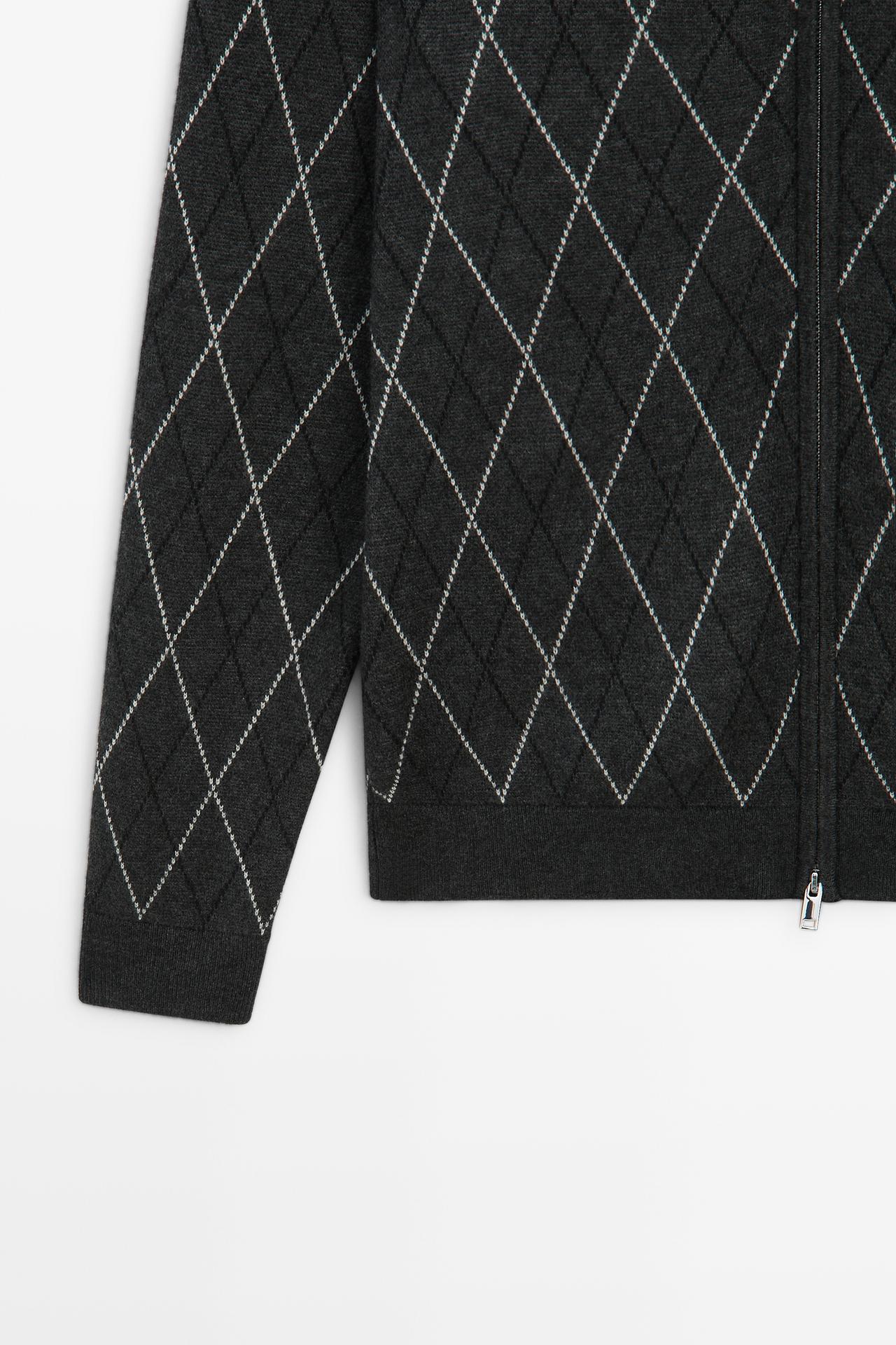 Wool blend argyle knit cardigan — CHARCOAL