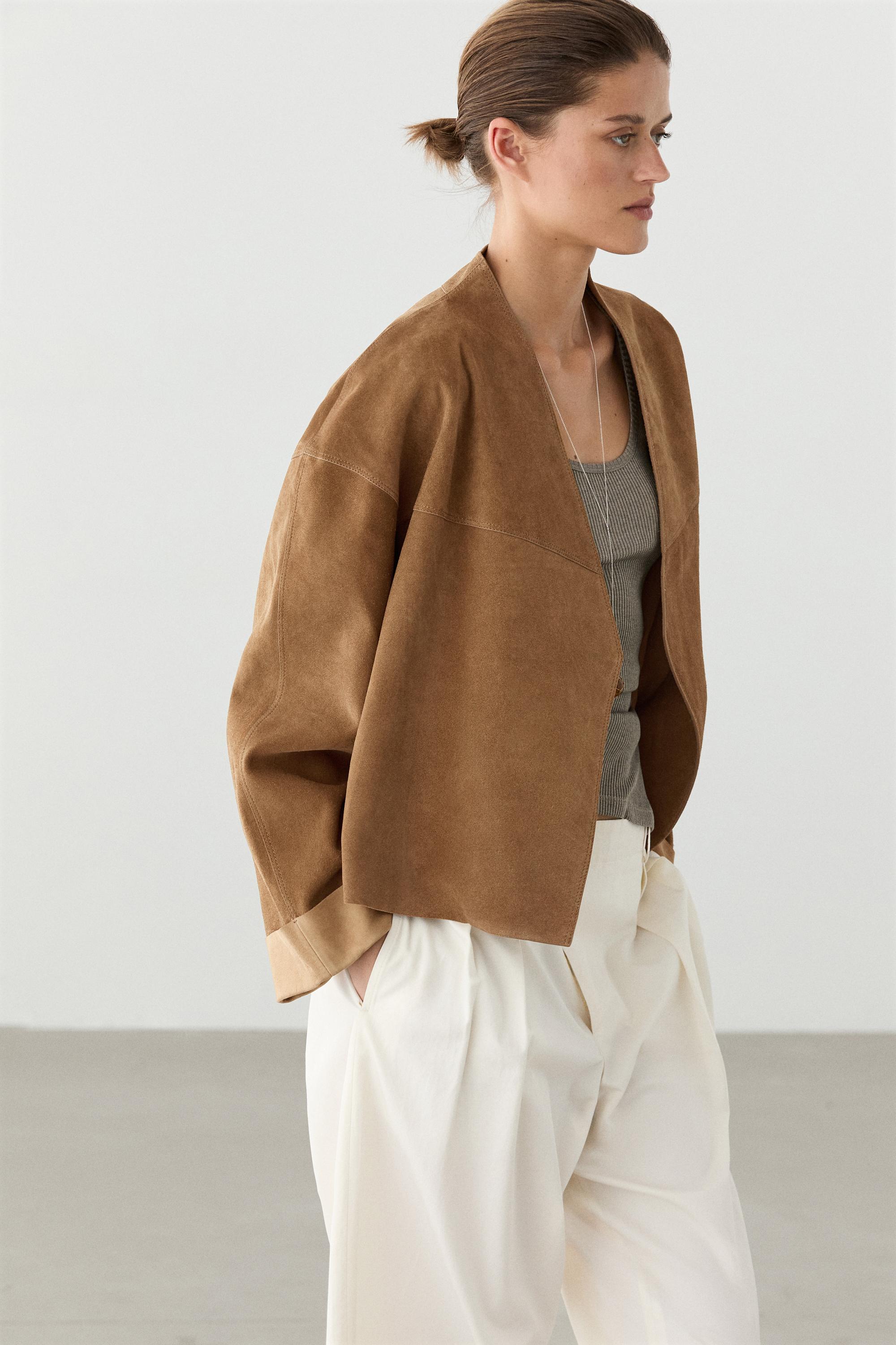 Short double-breasted suede leather jacket — MUSTARD YELLOW