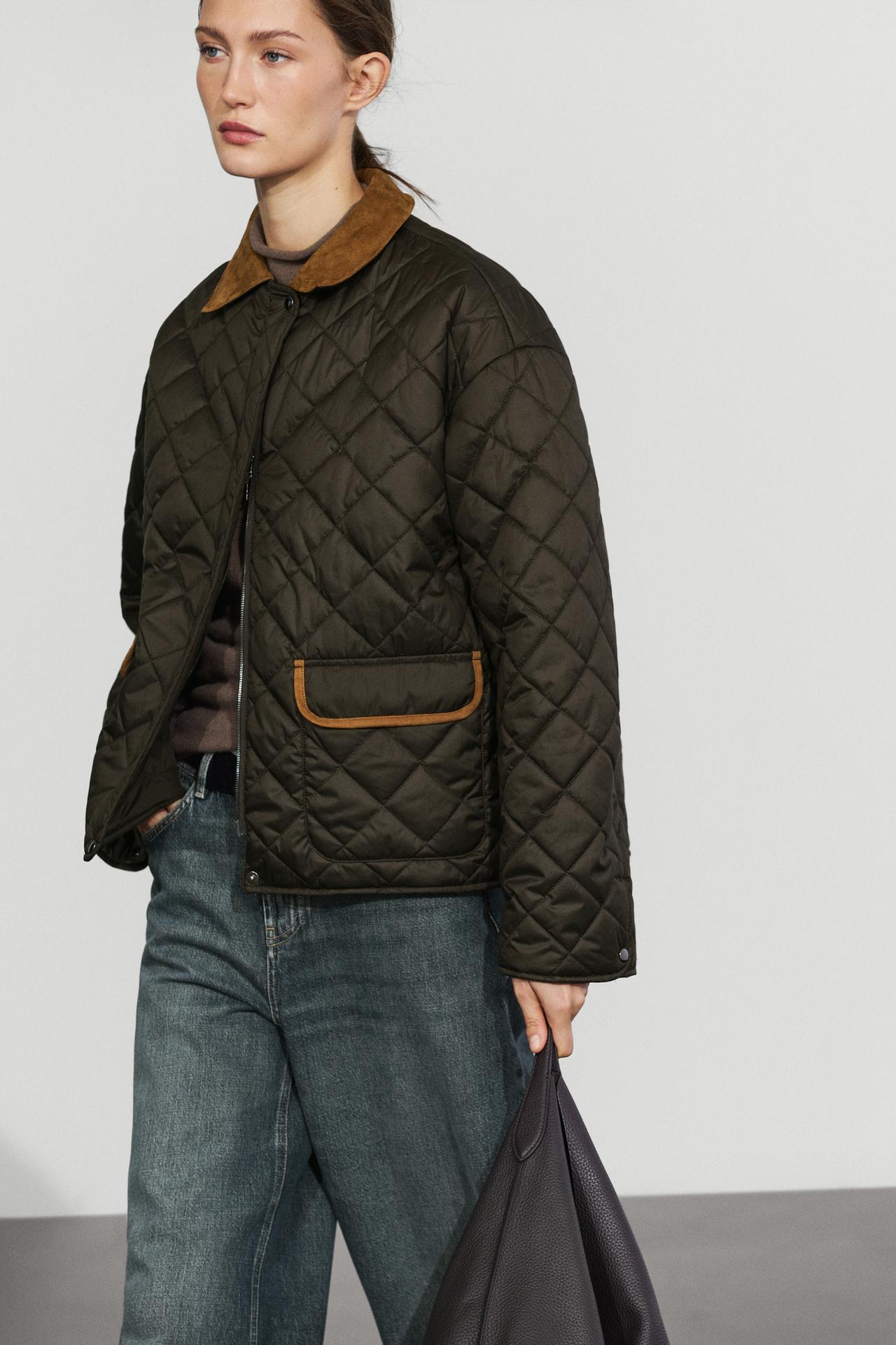 Padded short jacket with leather combination — DEEP BLUE