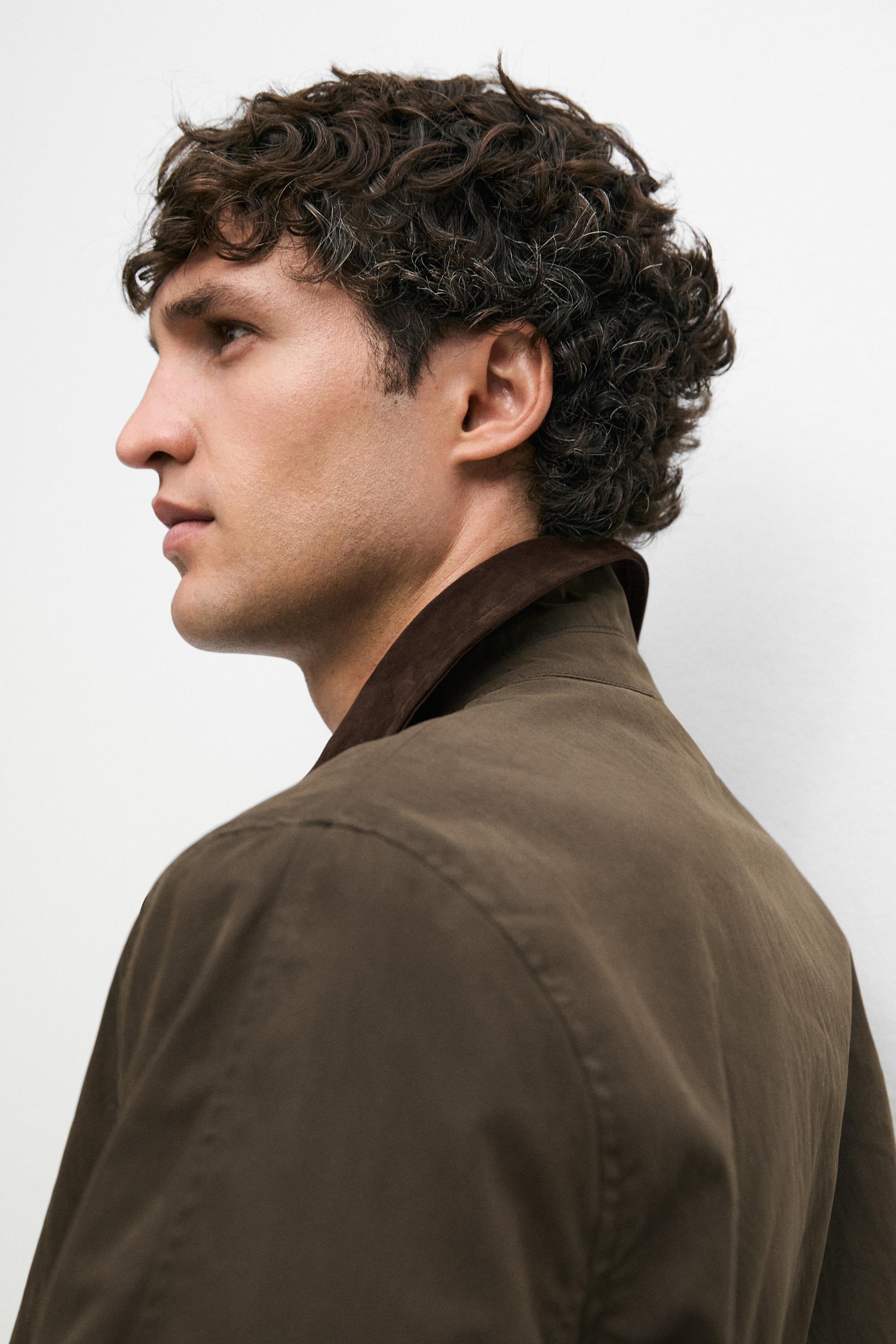 Jacket with leather collar detail — DARK KHAKI