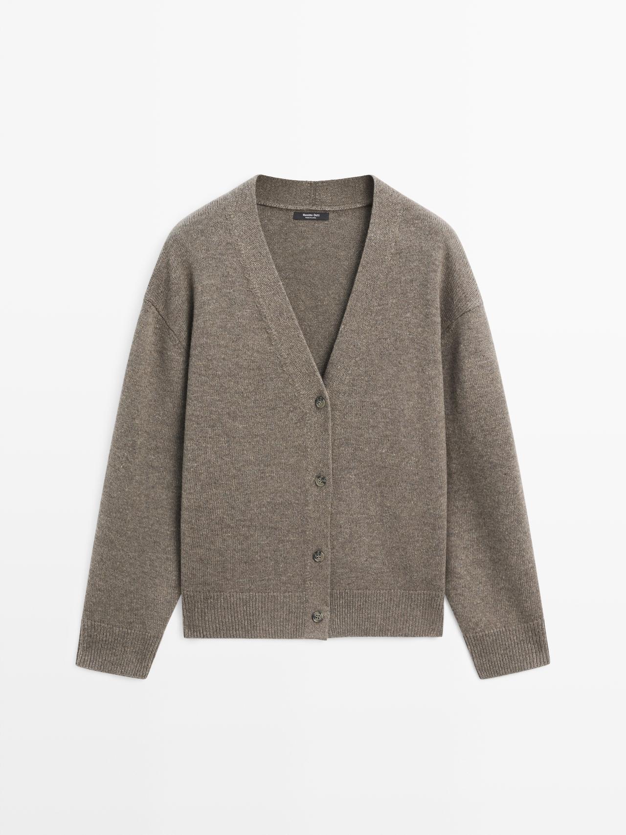 Massimo Dutti - Dame - Strikket Cardigan I Uldblanding Med V-Udskæring - Brun - M