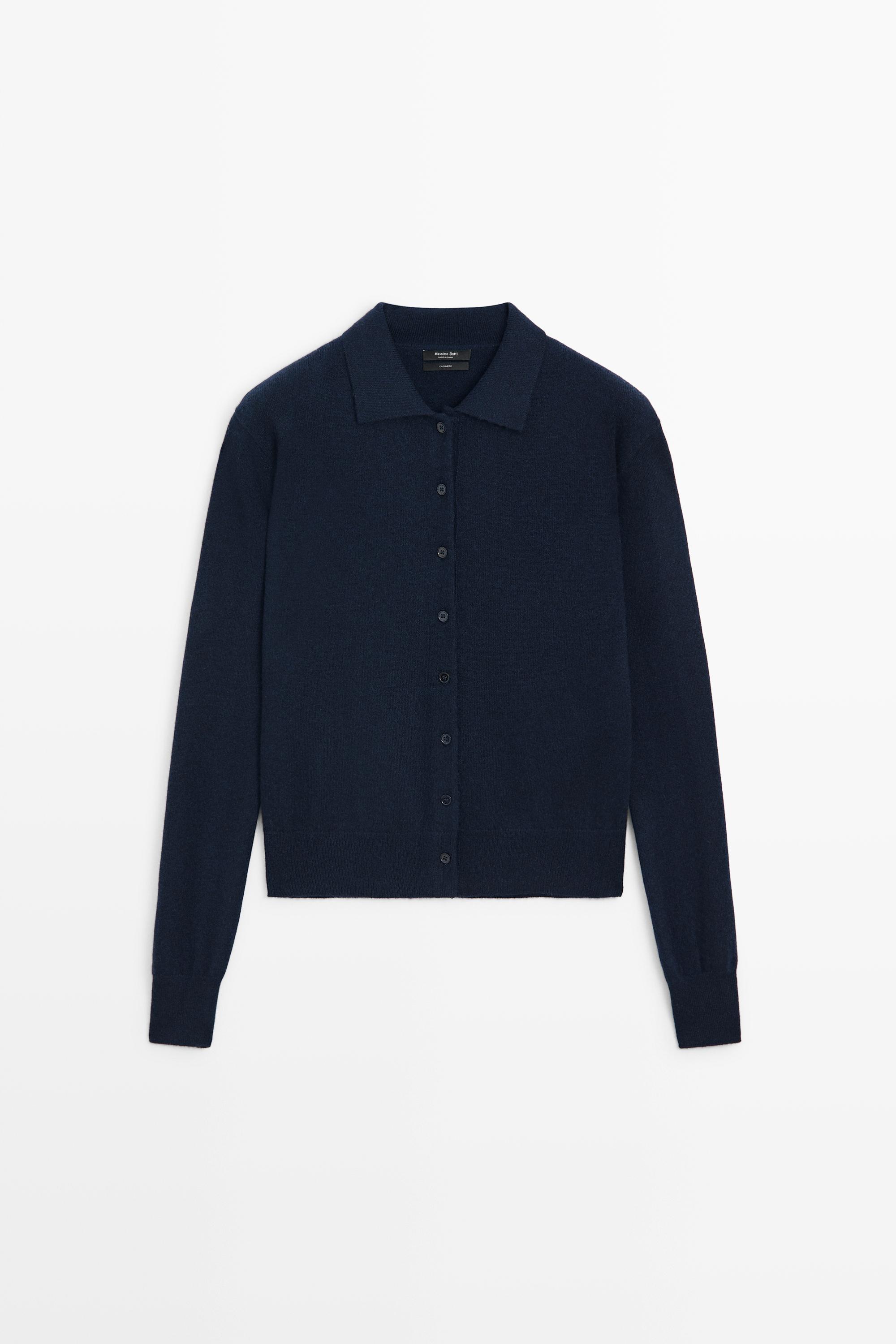 100% cashmere knit polo collar cardigan — NAVY BLUE