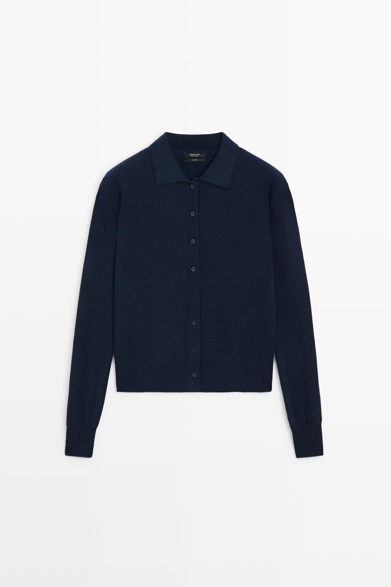 100% cashmere knit polo collar cardigan — NAVY BLUE