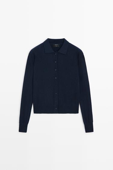 100% cashmere knit polo collar cardigan — NAVY BLUE 2