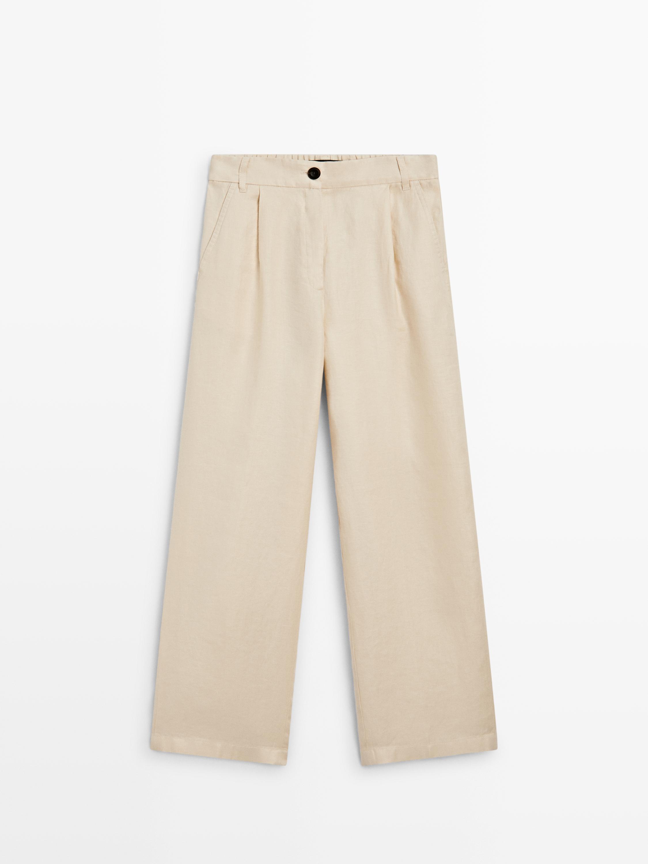 100% linen wide-leg elasticated trousers — SAND
