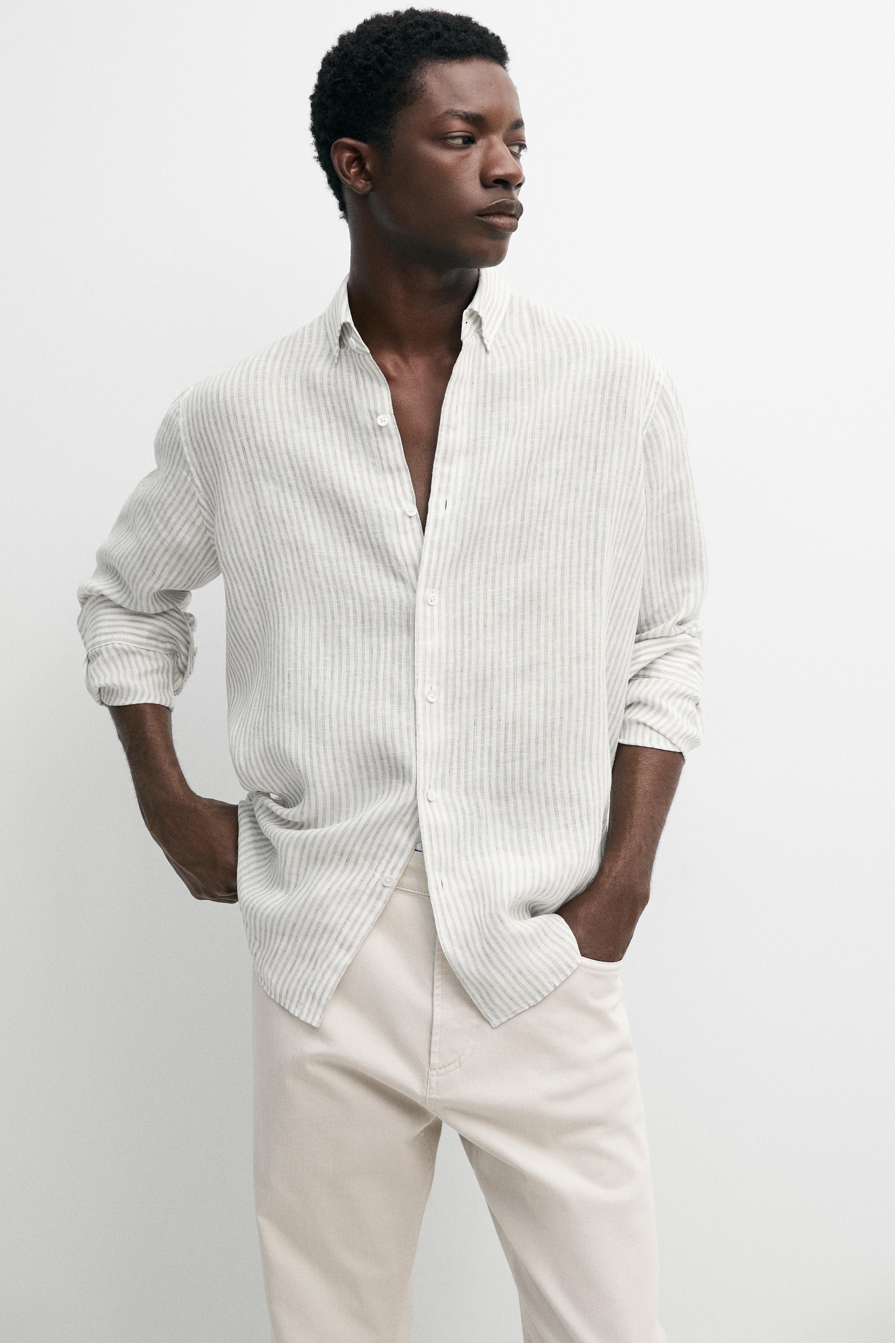 100% linen pinstriped slim fit shirt — GREEN