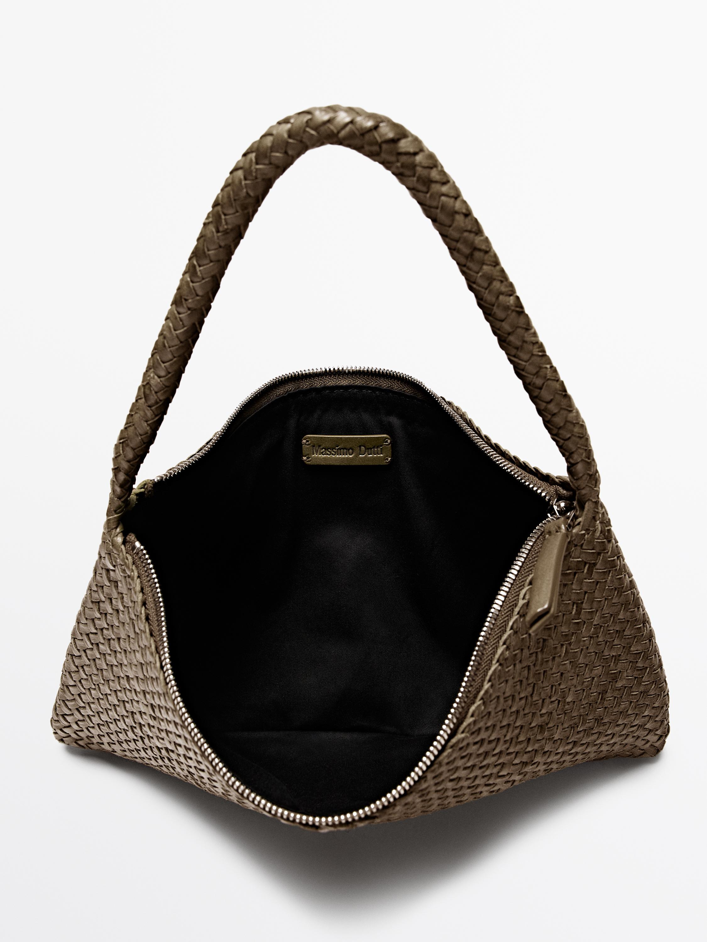 Small braided leather shoulder bag — KHAKI