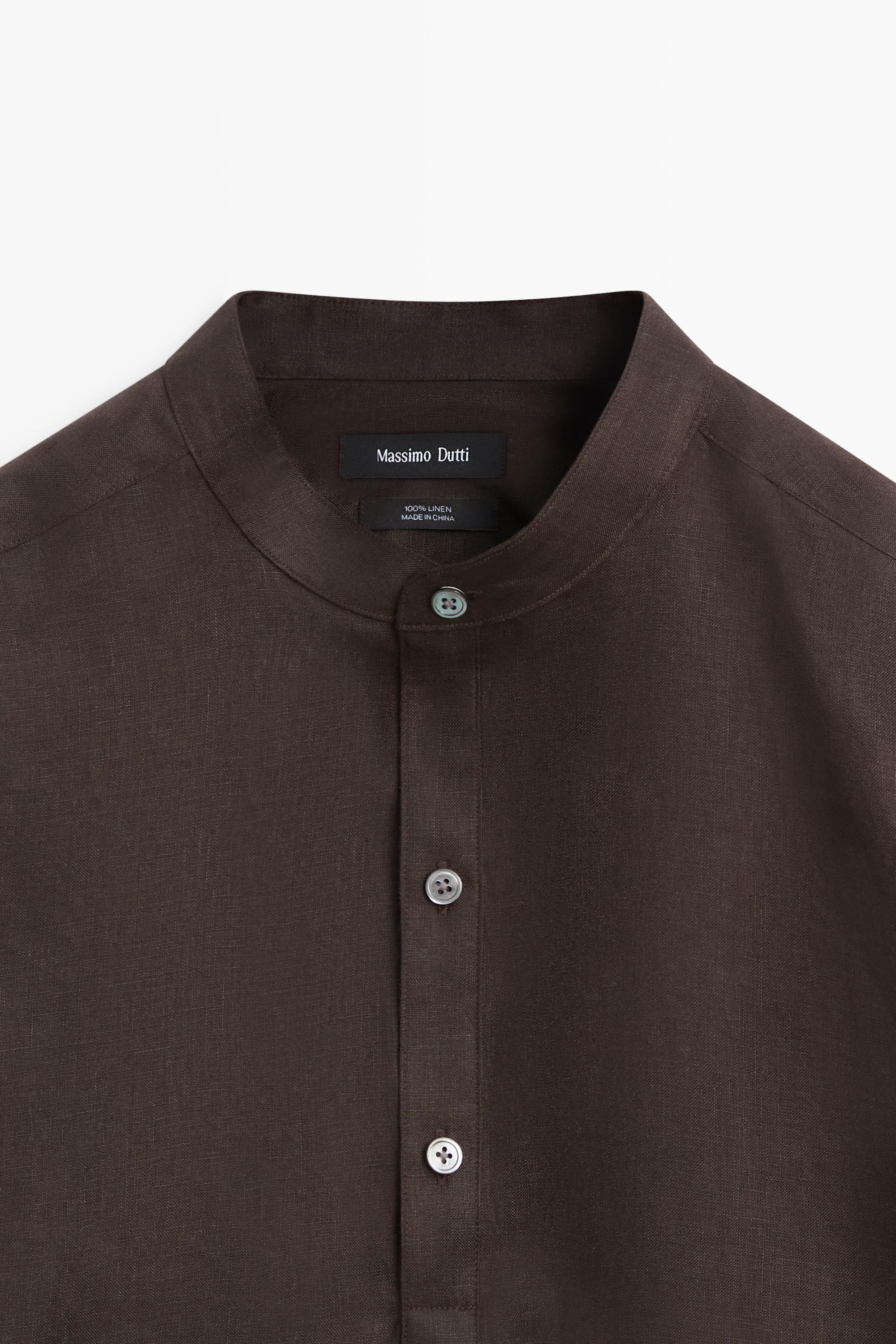 Regular fit stand collar 100% linen shirt — Chocolate