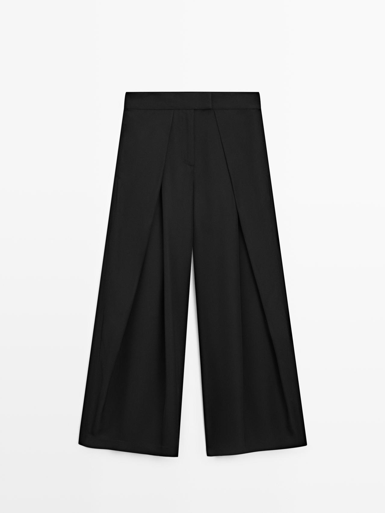 Massimo Dutti - Dames - Zijdeachtige Broek Met Bandplooi - Zwart - 36