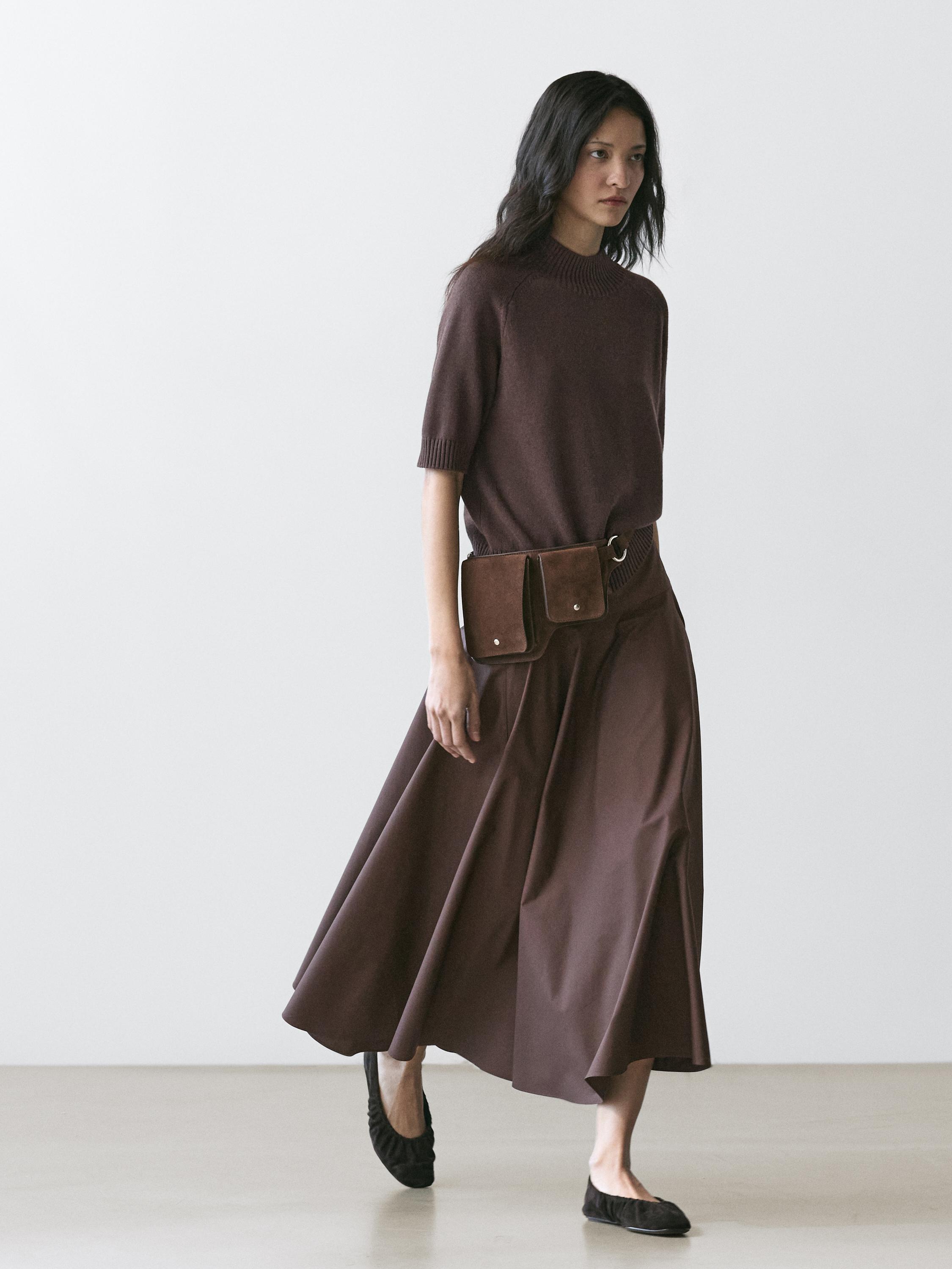 Midi skirt with sash belt and seam details — BROWN