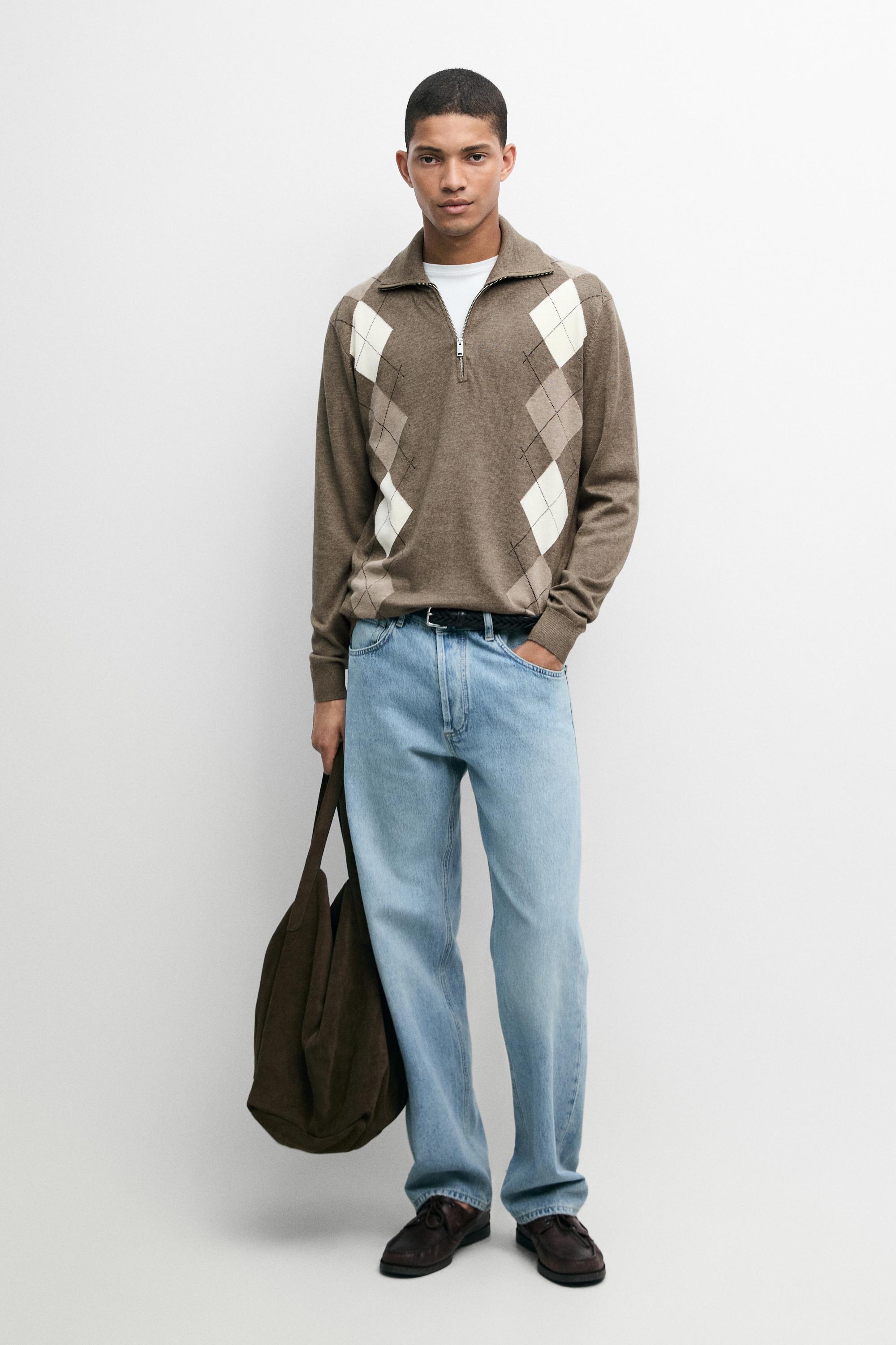 Argyle quarter-zip knit sweater — KHAKI