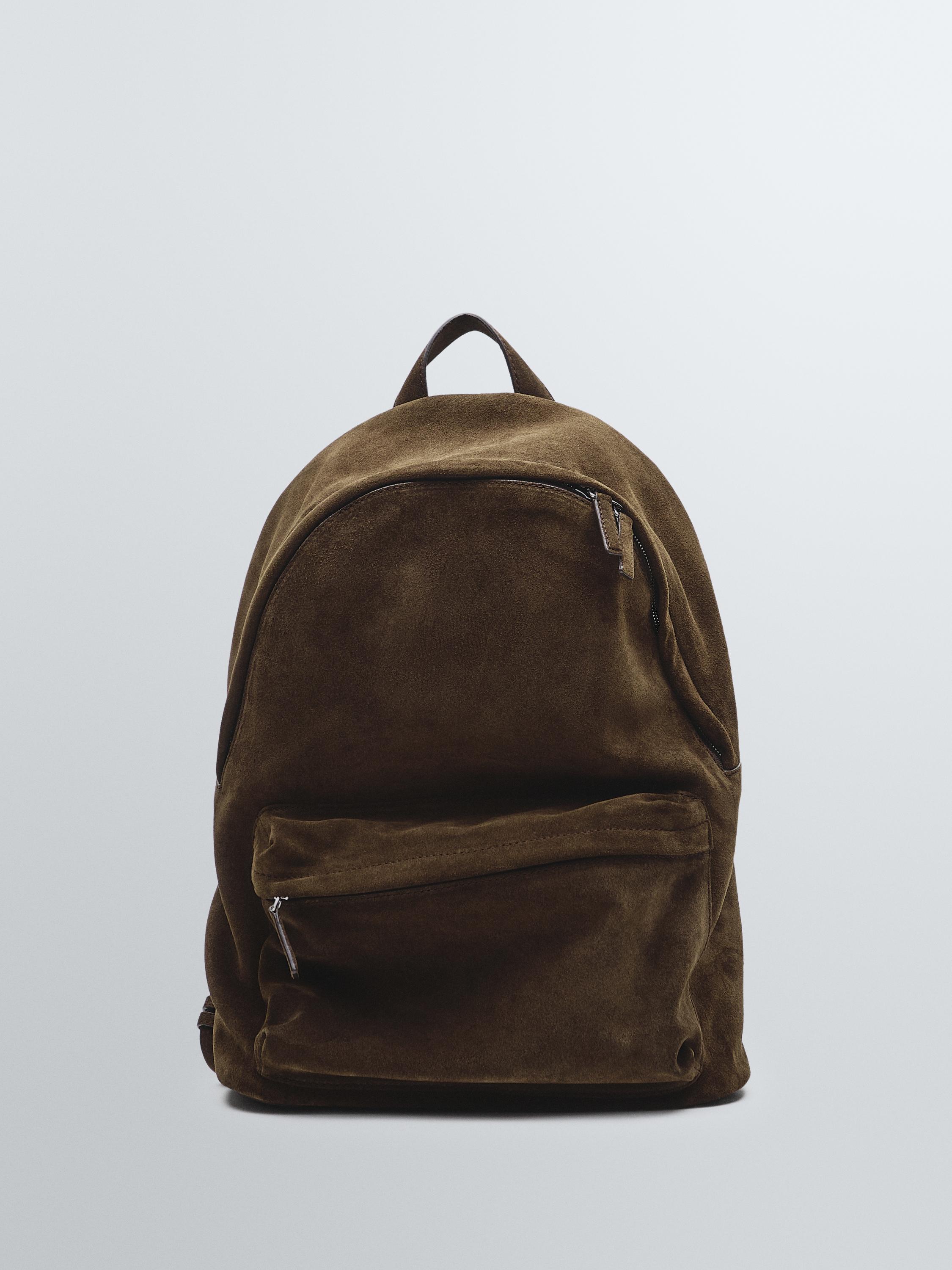 Suede leather backpack with zip — KHAKI