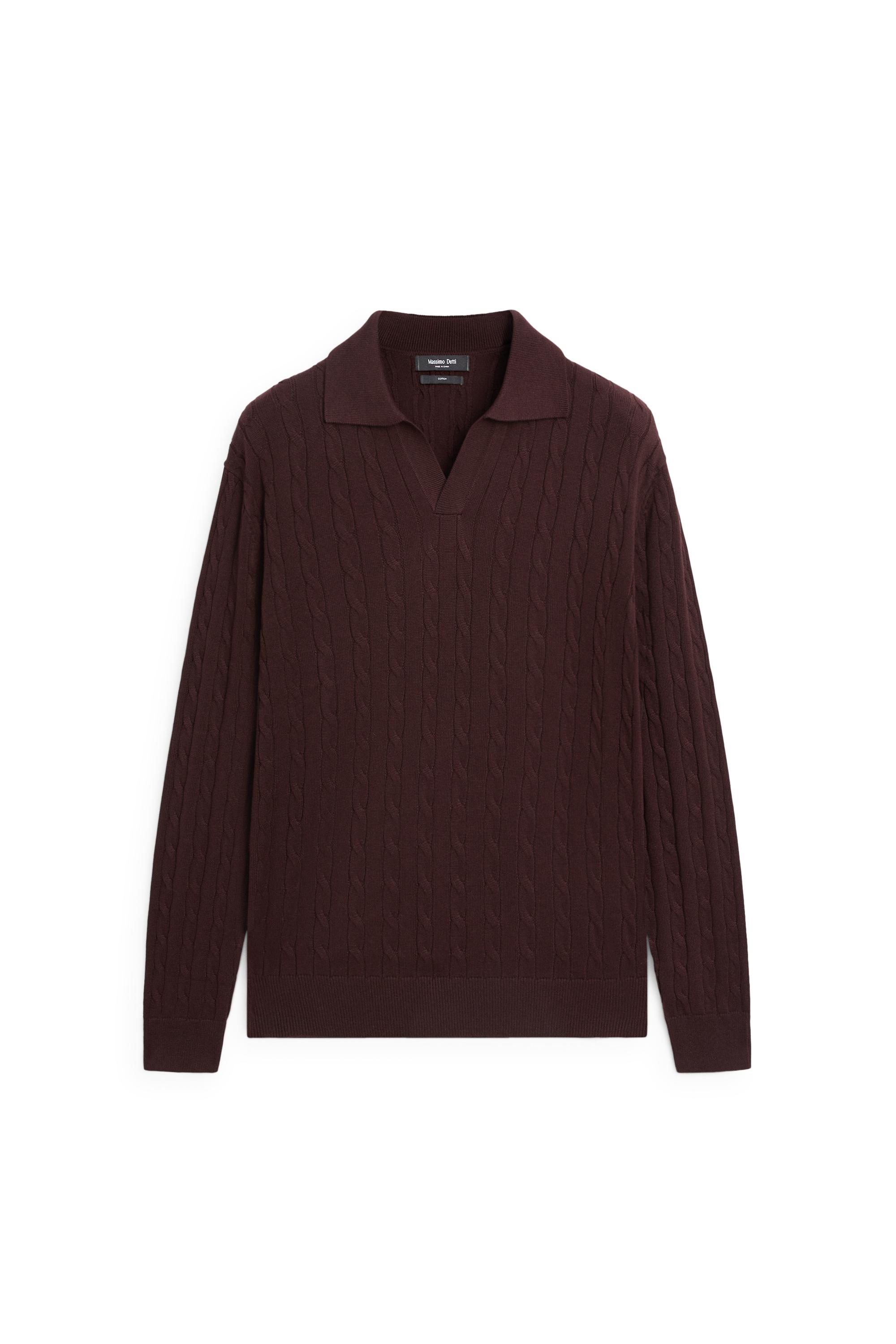 100% Cotton Cable-Knit Polo Sweater — BURGUNDY