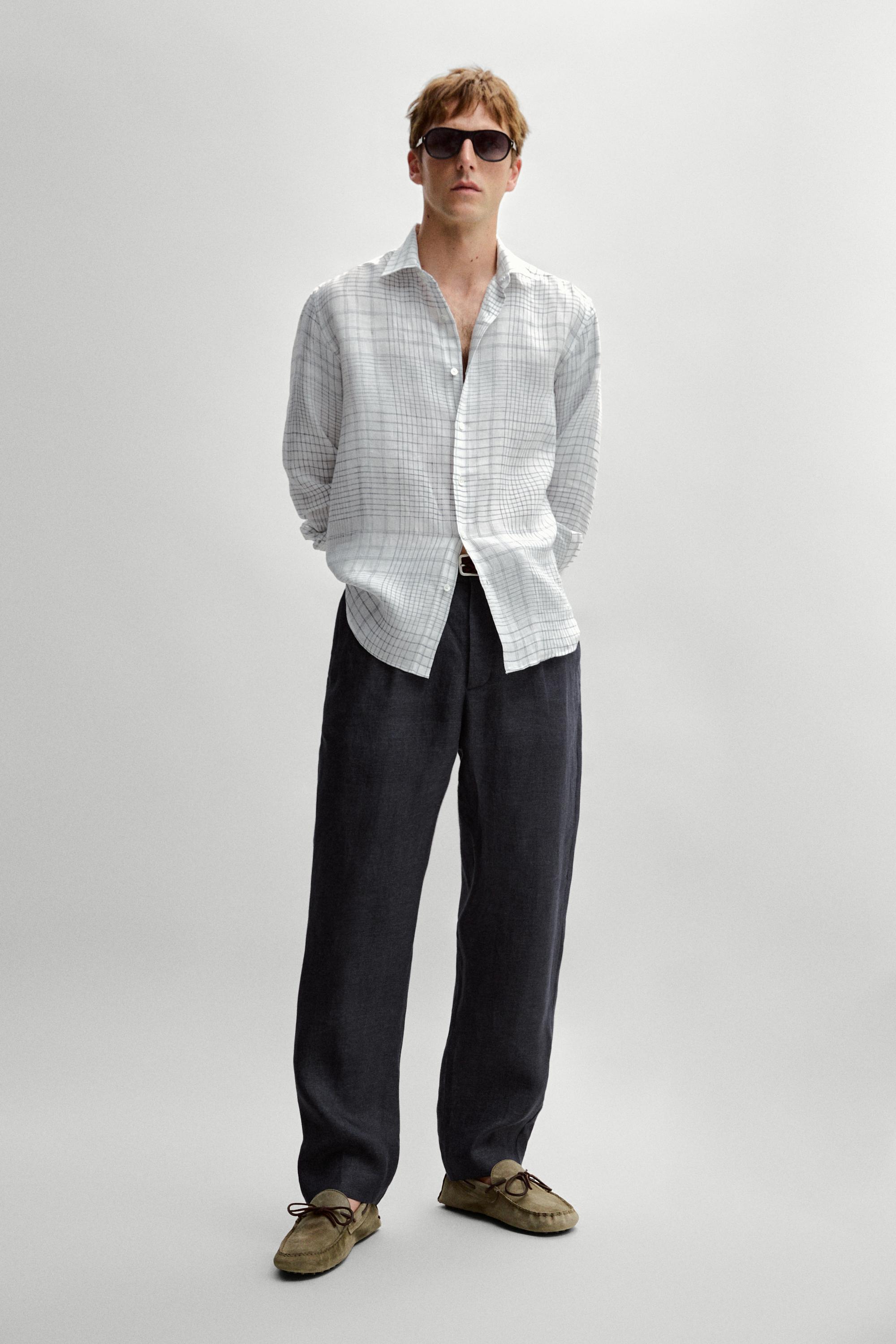 100% linen regular fit check shirt — WHITE