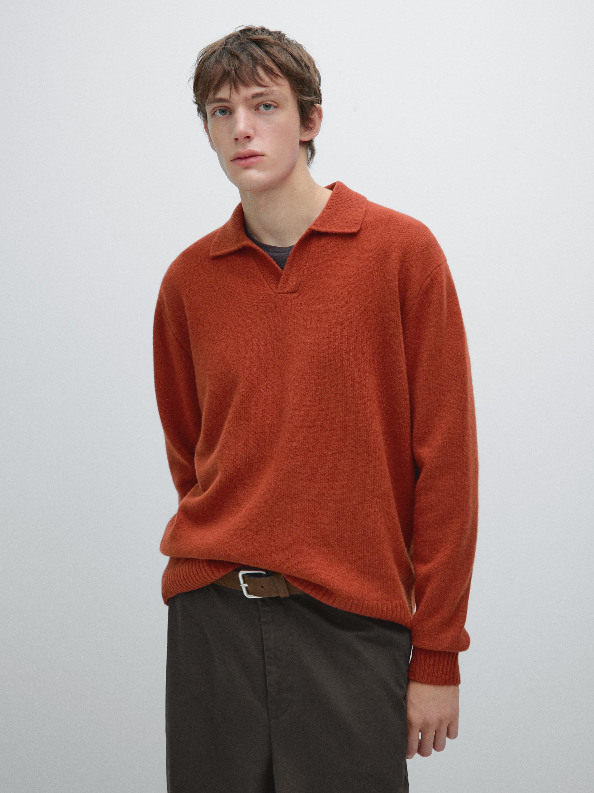 Pull polo à col en V en laine mélangée