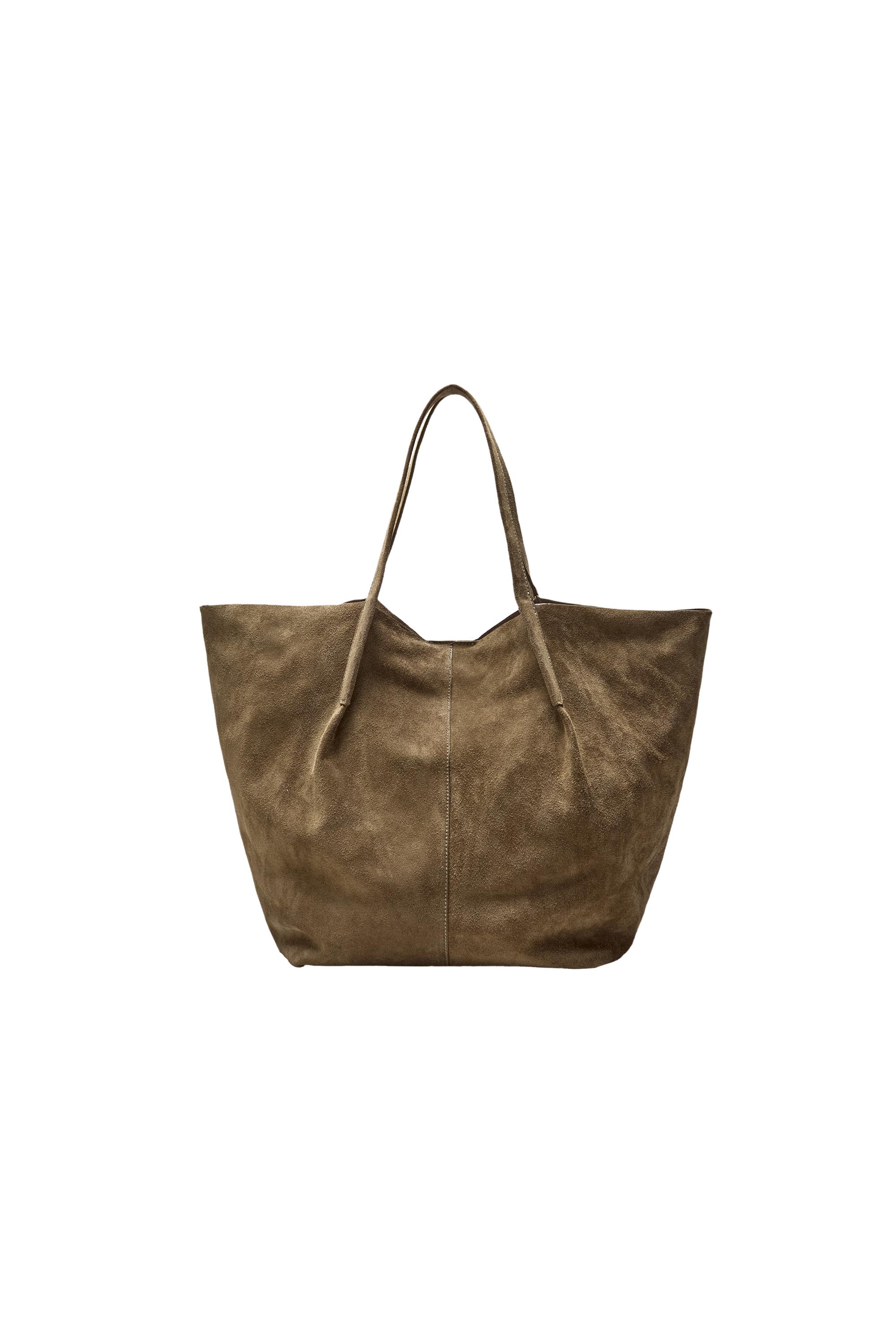 Split suede leather tote bag — SAND