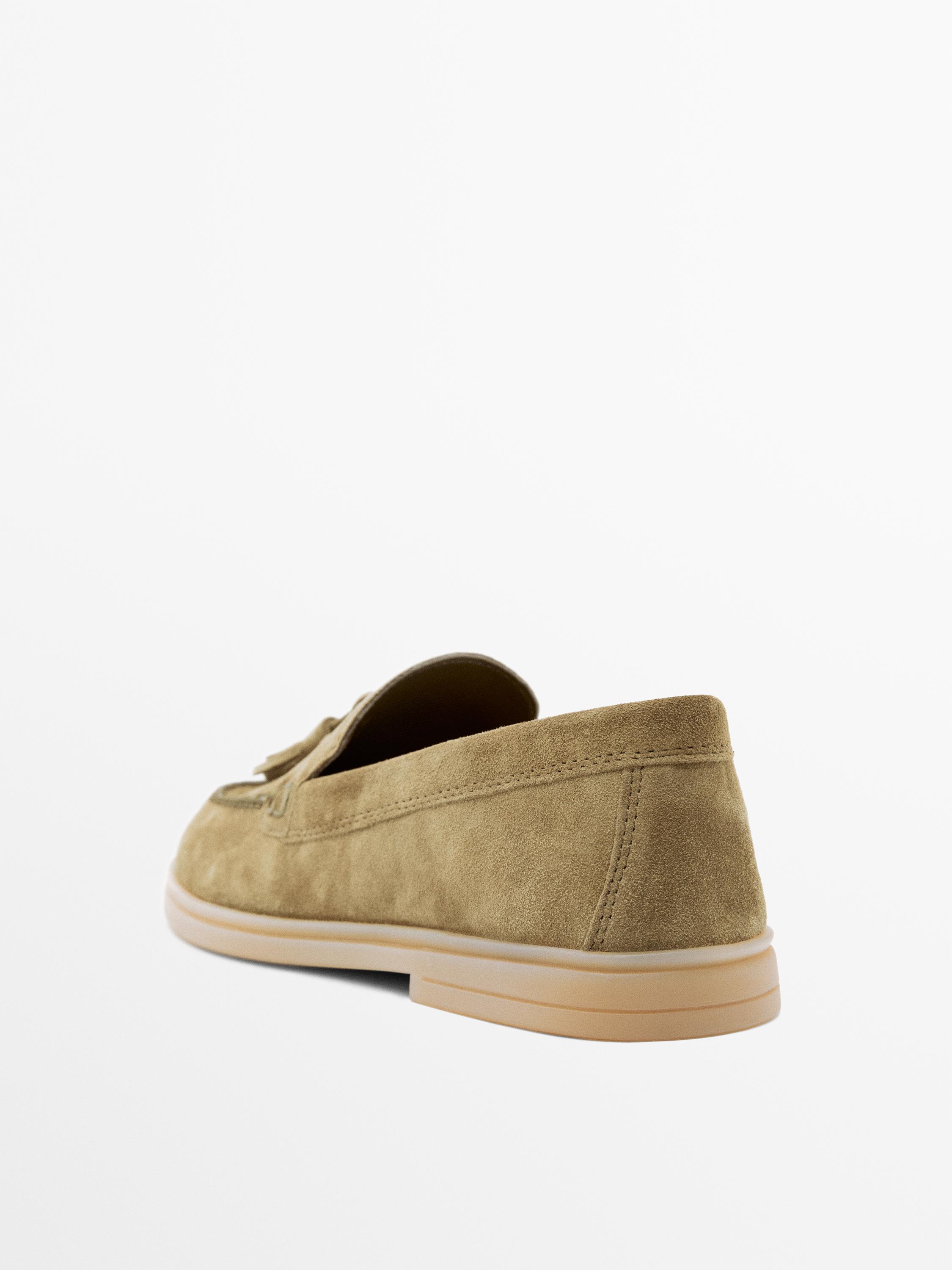 Split leather loafers with tassels — TAUPE