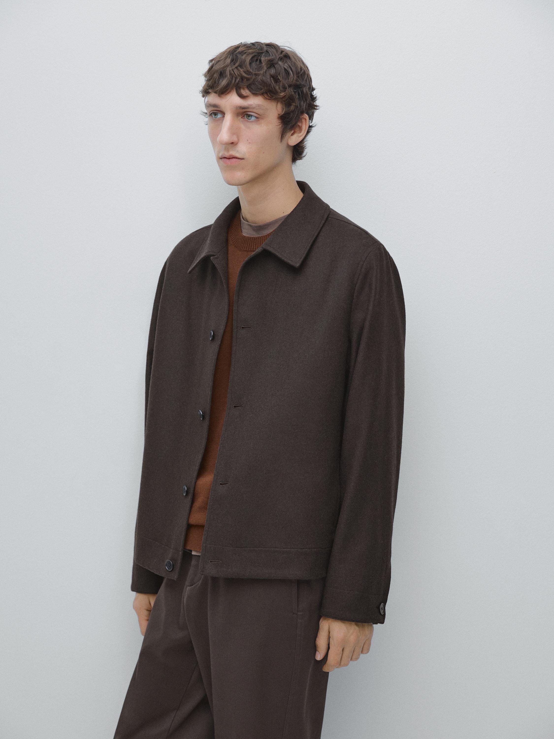 Brown button-up jacket and matching pants set.