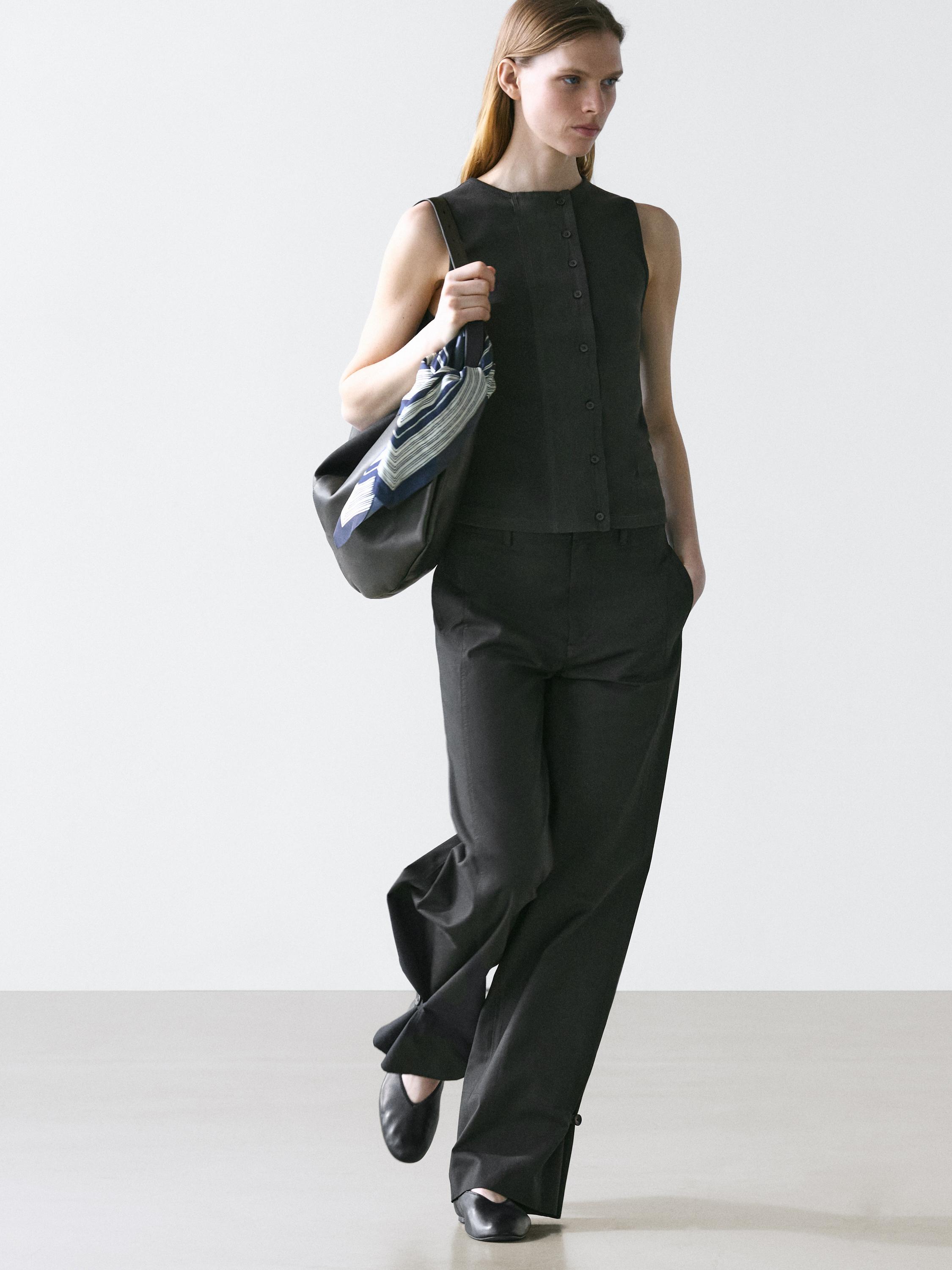 Cotton blend trousers with hem detail — BLACK