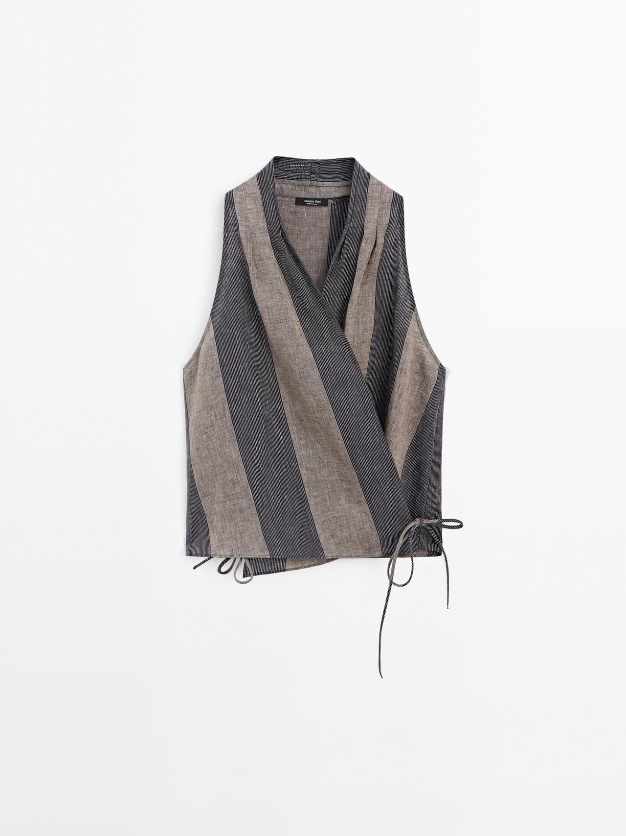 Massimo Dutti - Dame - Rynket Halternecktop Med Kontrasterende Striber - Brun - L