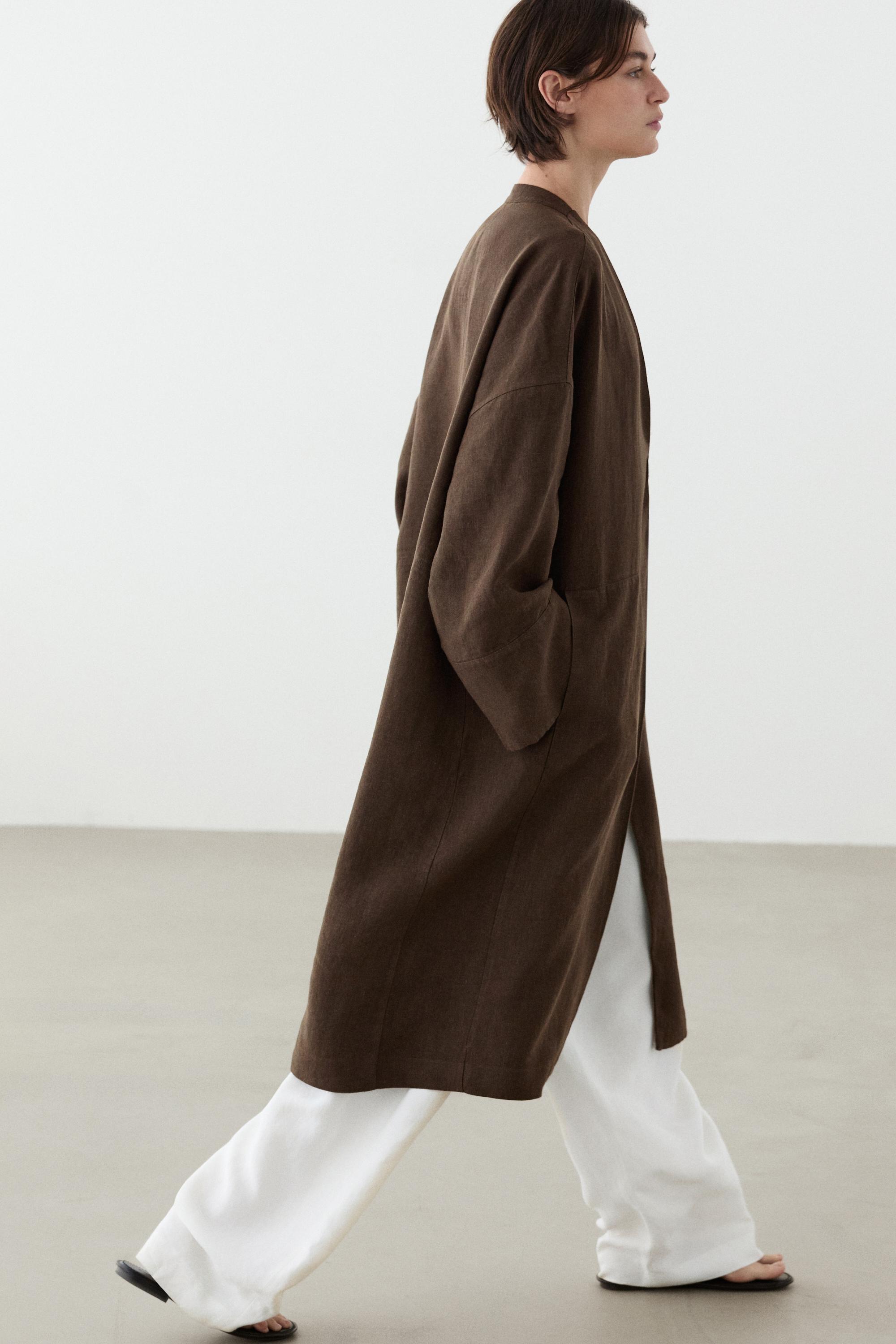 100% linen double-breasted coat with no collar — BROWN