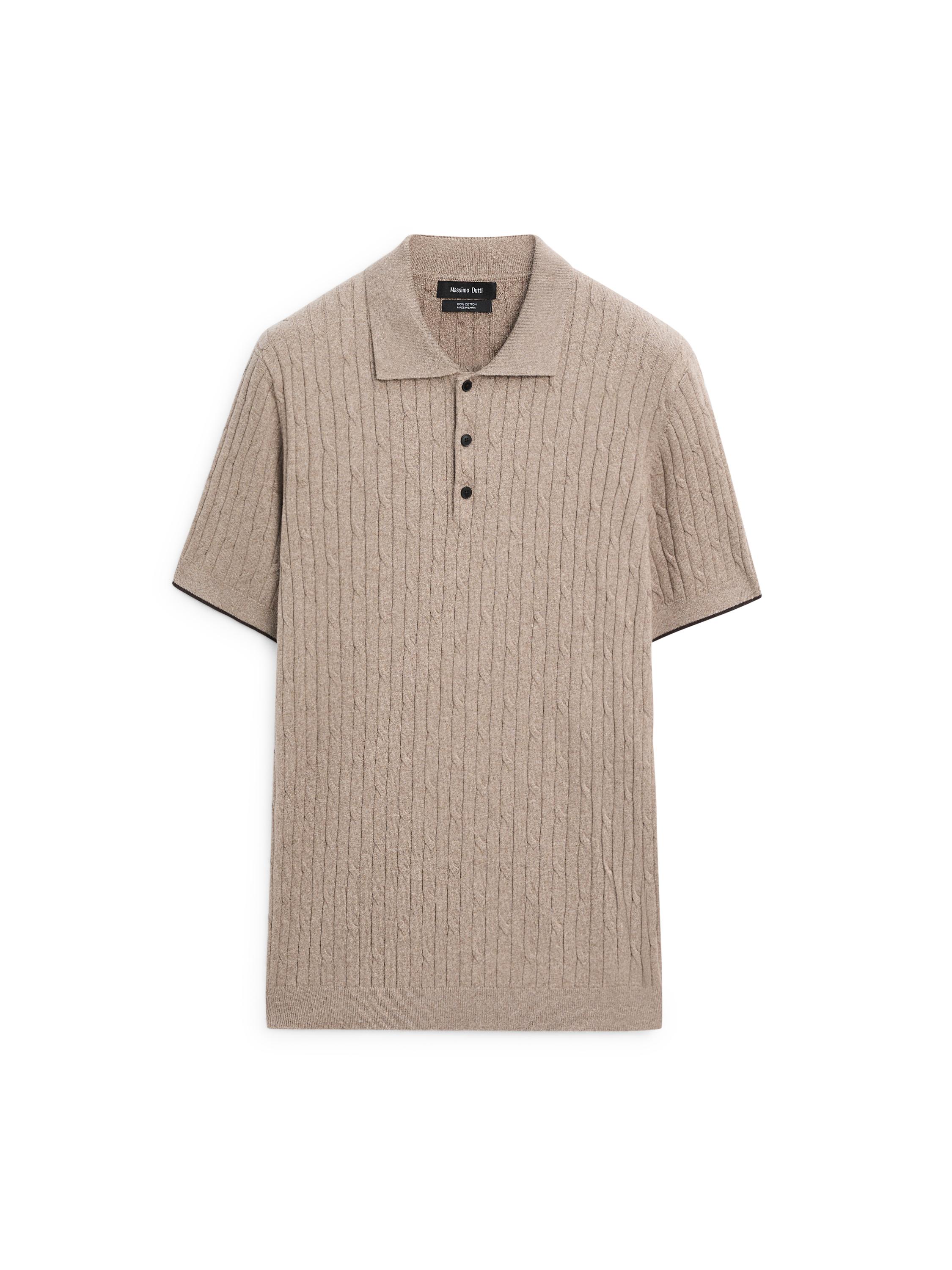 Cotton blend cable-knit polo sweater — Dark beige