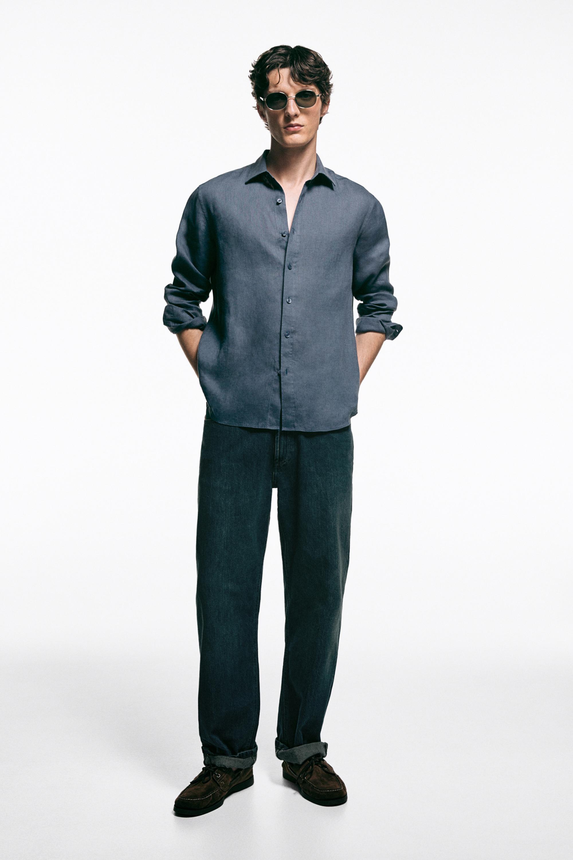 100% linen slim fit shirt — DARK BLUE