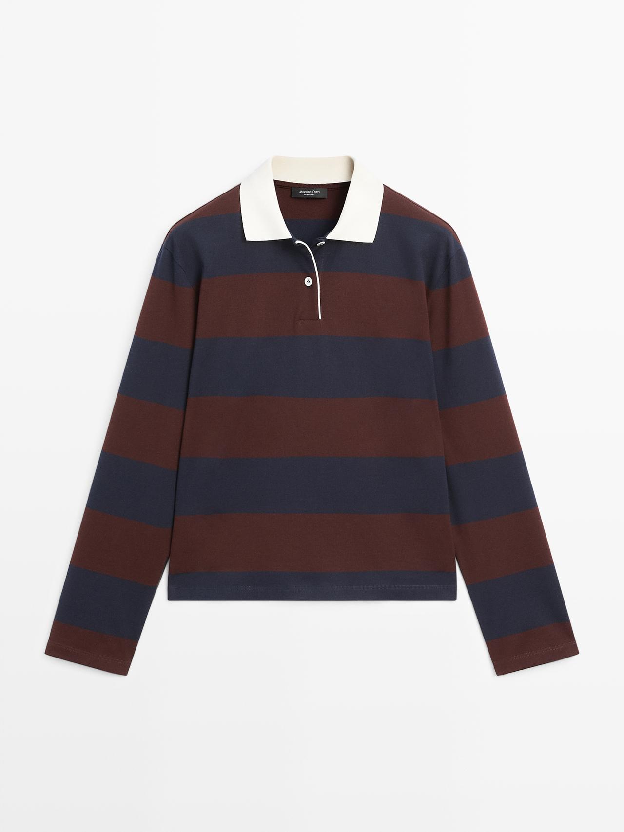 Massimo Dutti - Dames - Long-Sleeved Cotton Striped Polo Shirt - Marineblauw - M