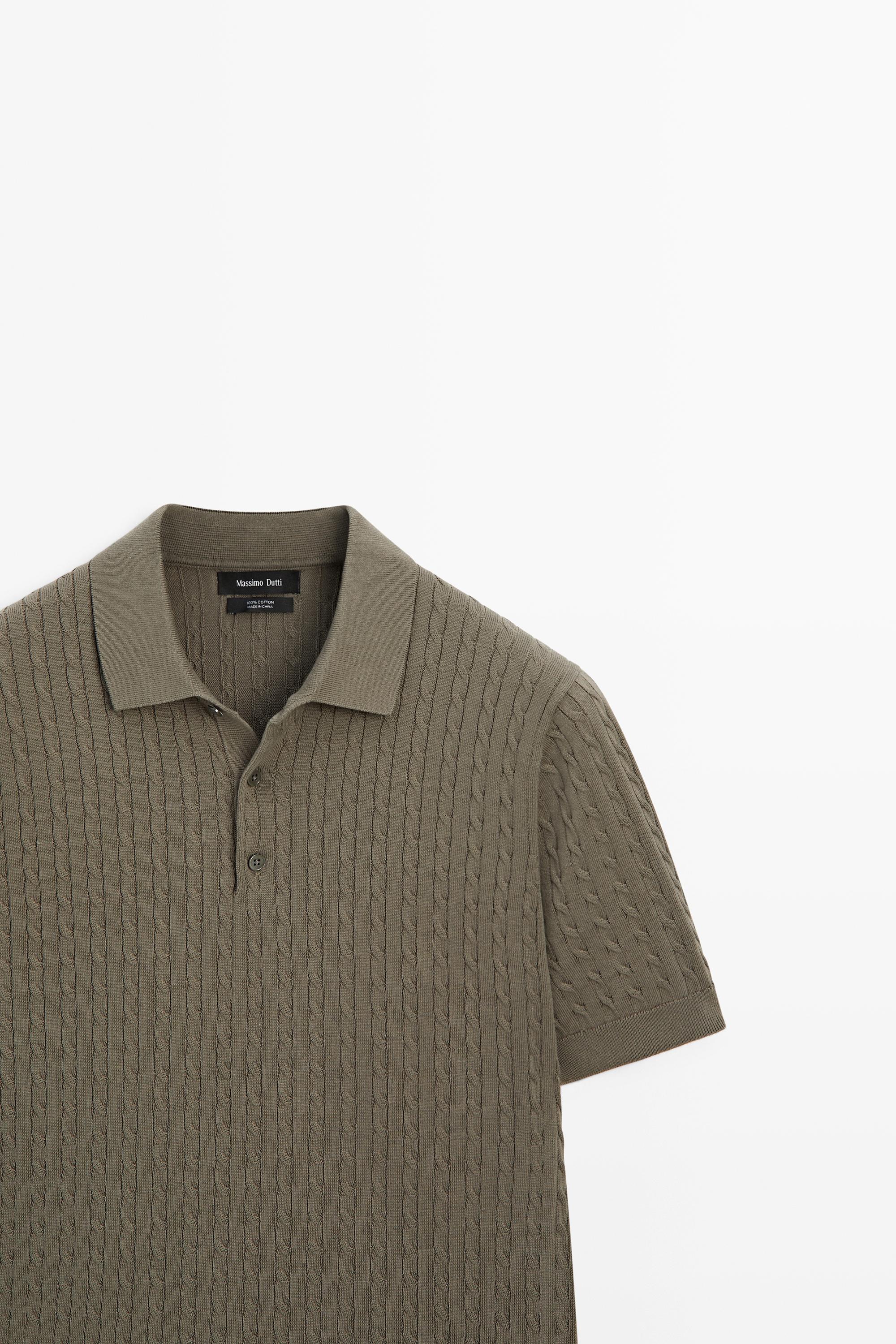 100% cotton cable-knit polo shirt — Khaki