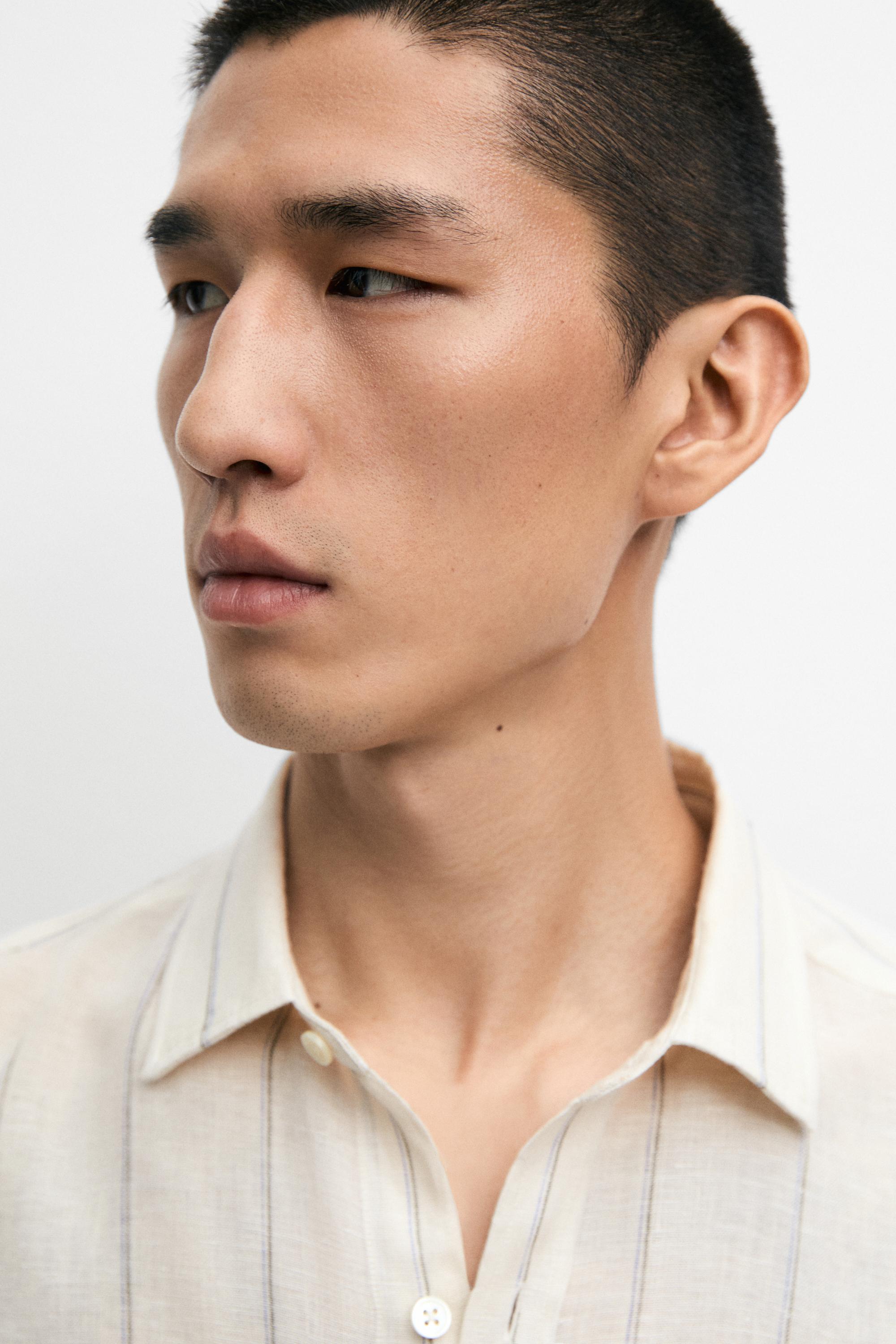 100% linen regular fit striped shirt — CREAM