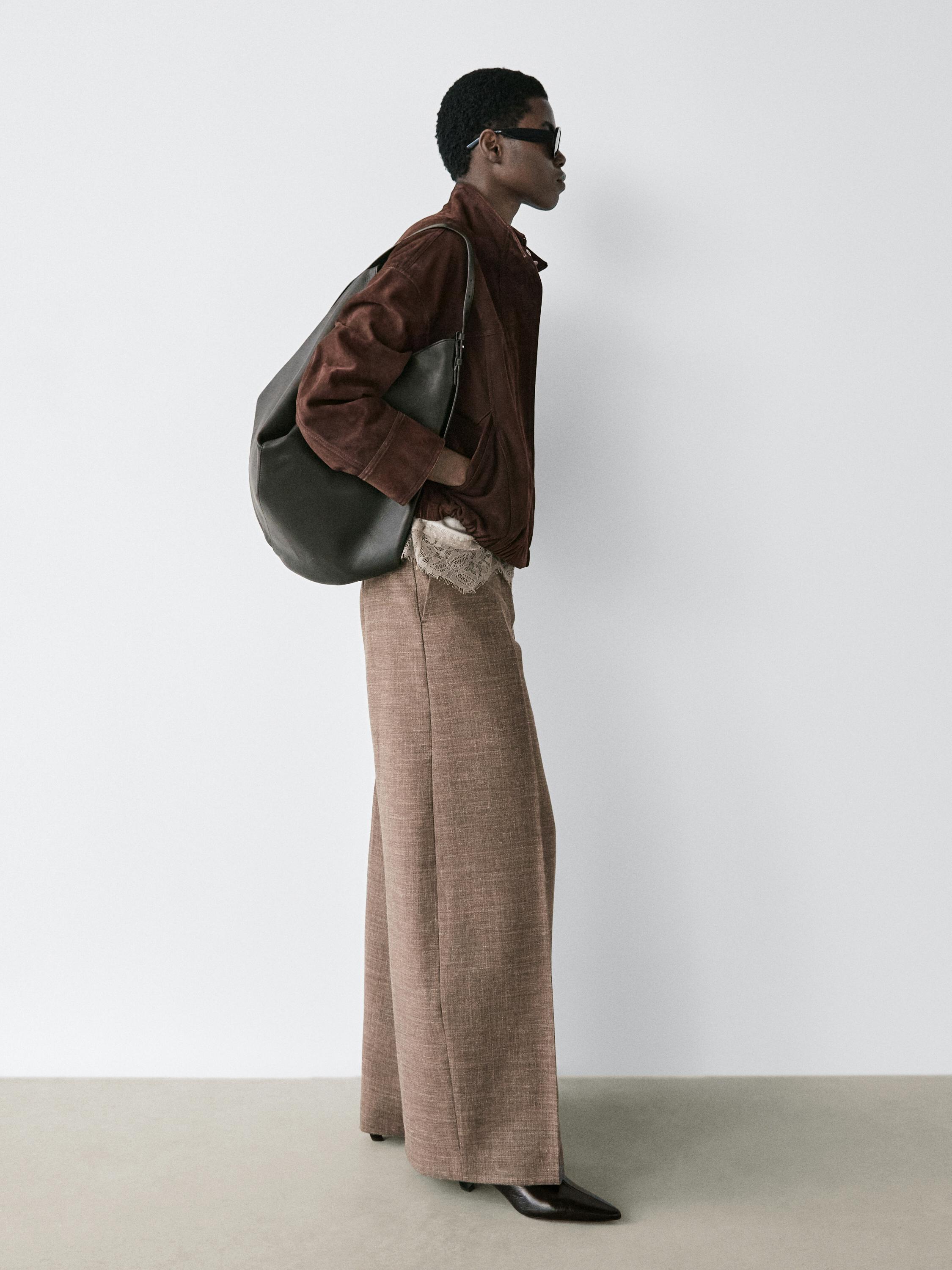 Wide-leg voluminous wool blend trousers — TAUPE GREY