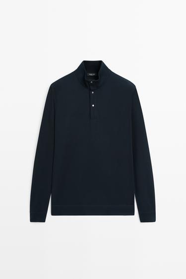 Cotton blend mock neck knit sweater — NAVY BLUE 2