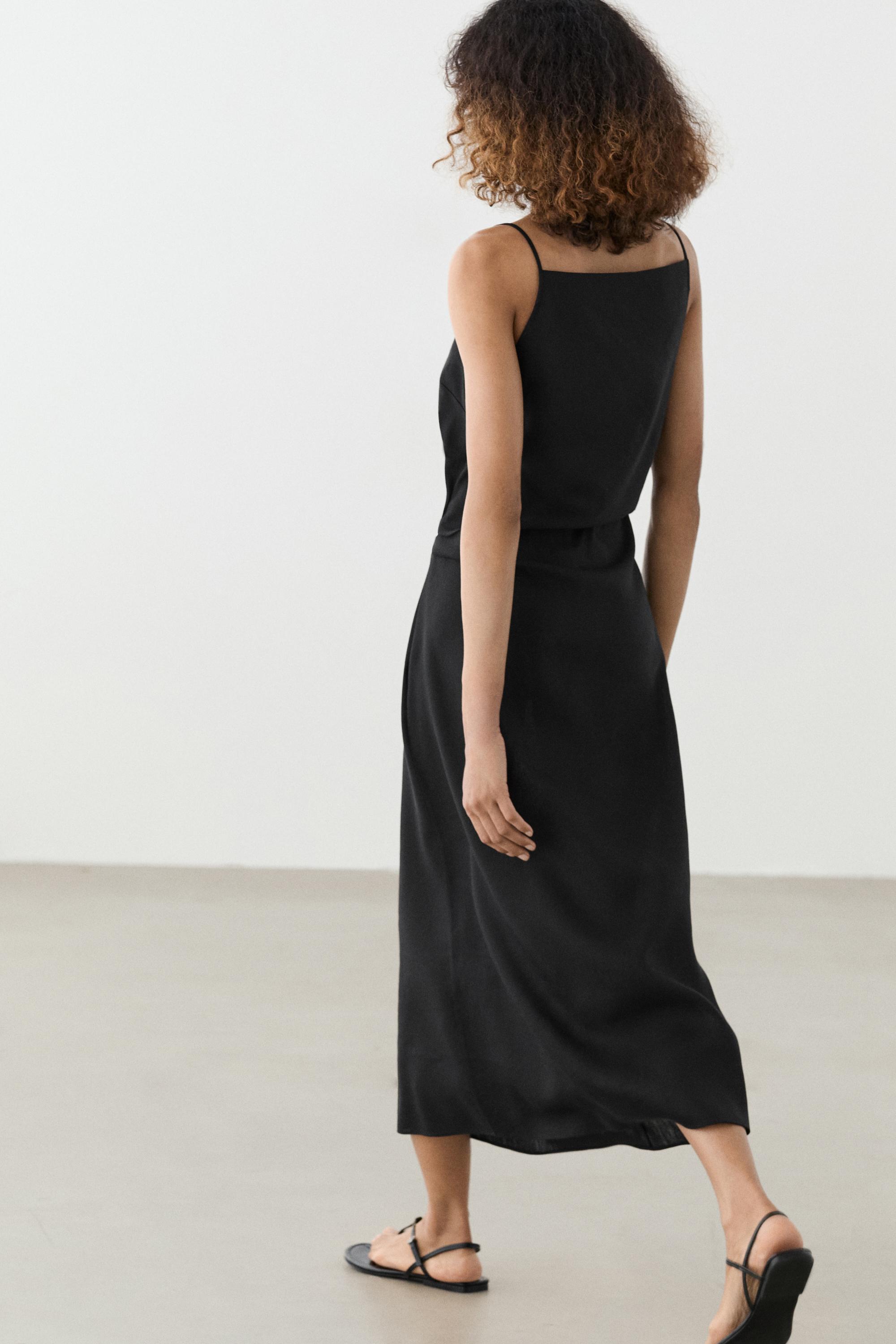 Linen blend spaghetti strap midi dress — BLACK