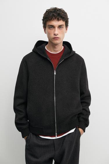 Wool blend double-knit hooded jacket — CHARCOAL 3