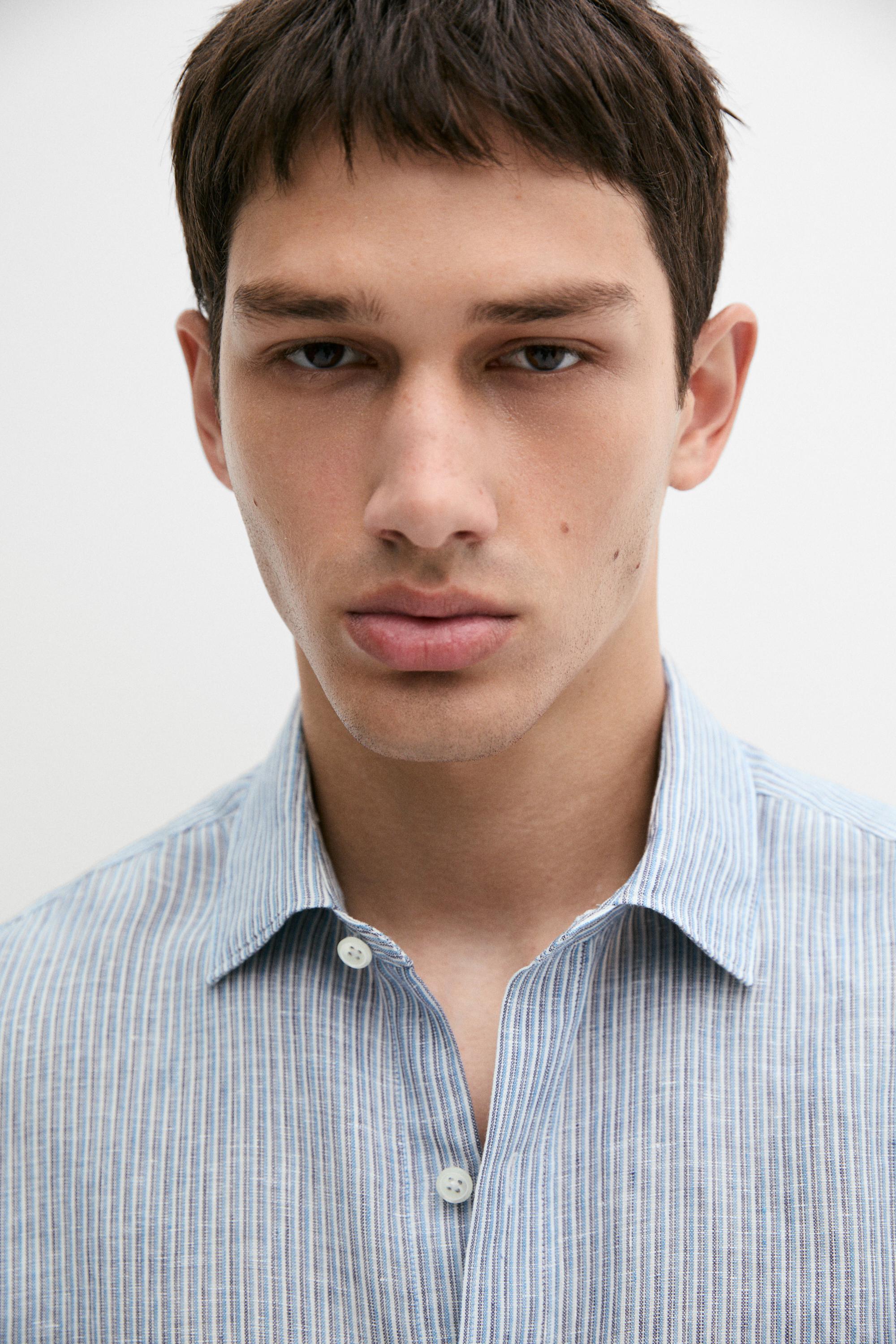 100% linen regular fit striped shirt — BLUE
