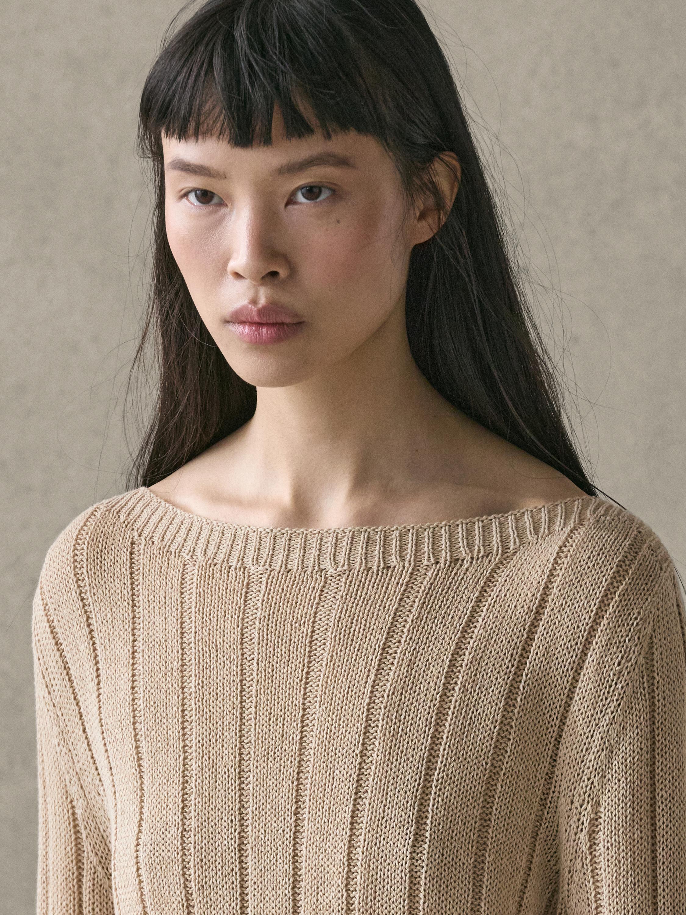 Cotton blend knit boat neck sweater — BEIGE