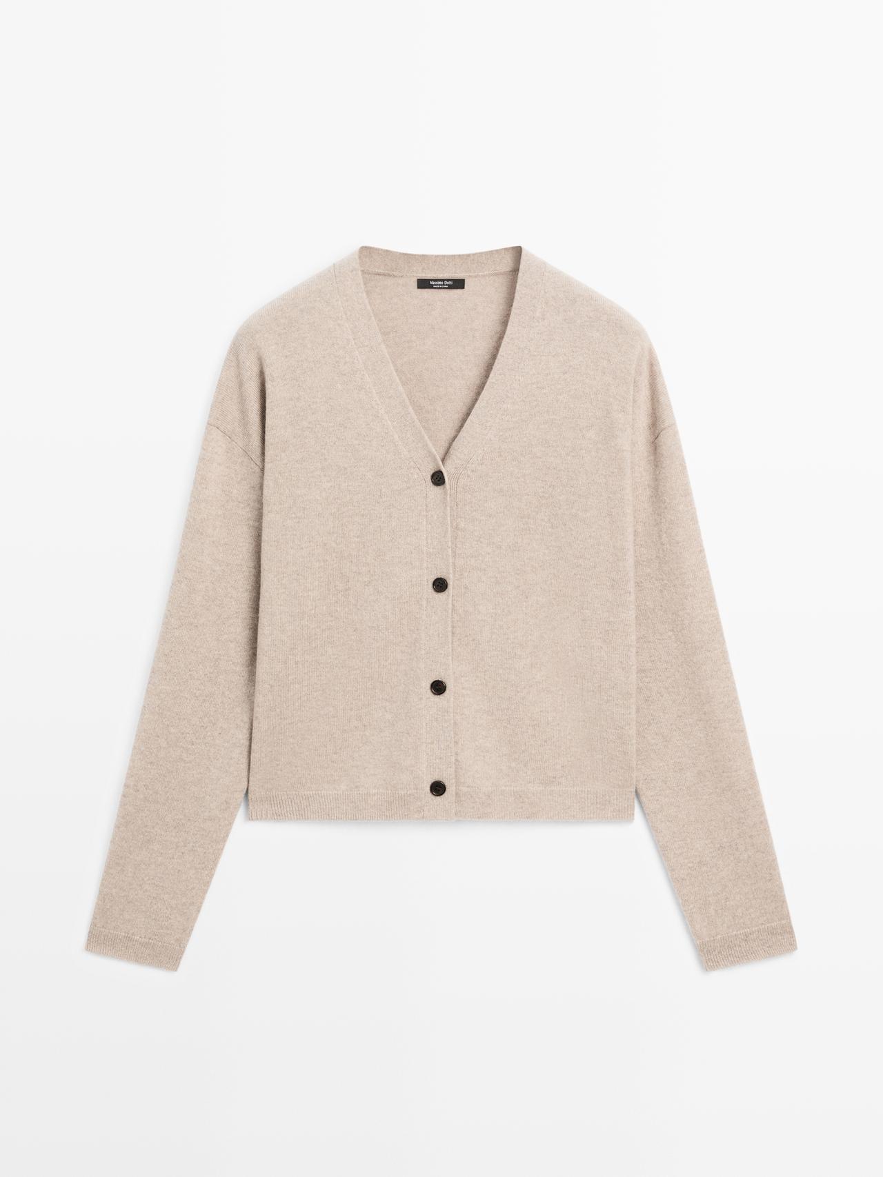 Massimo Dutti - Dame - Strikket Cardigan I Uldblanding Med V-Udskæring - Mink - M