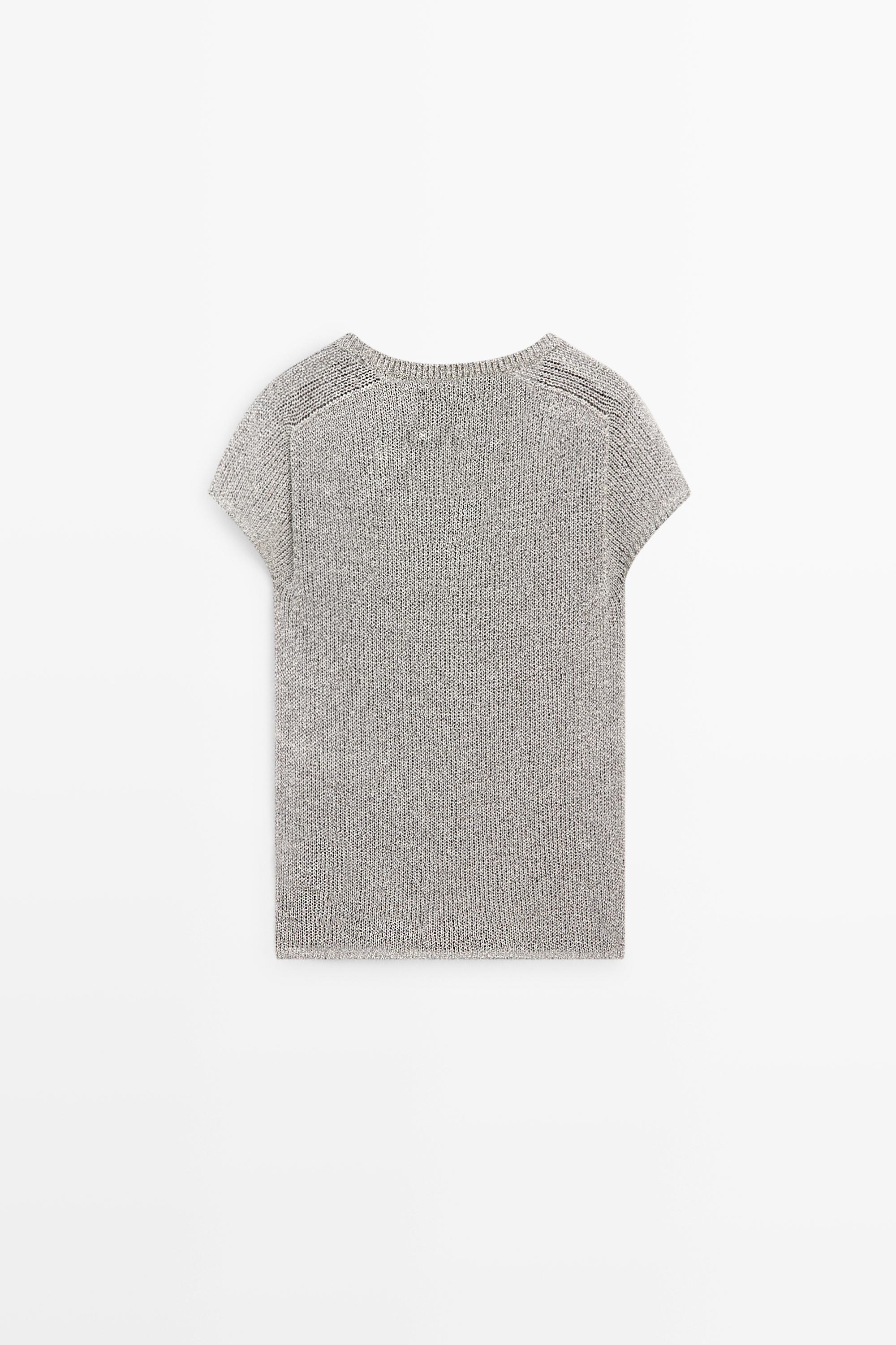 Short sleeve knit sweater with thread detail — PEARL GREY