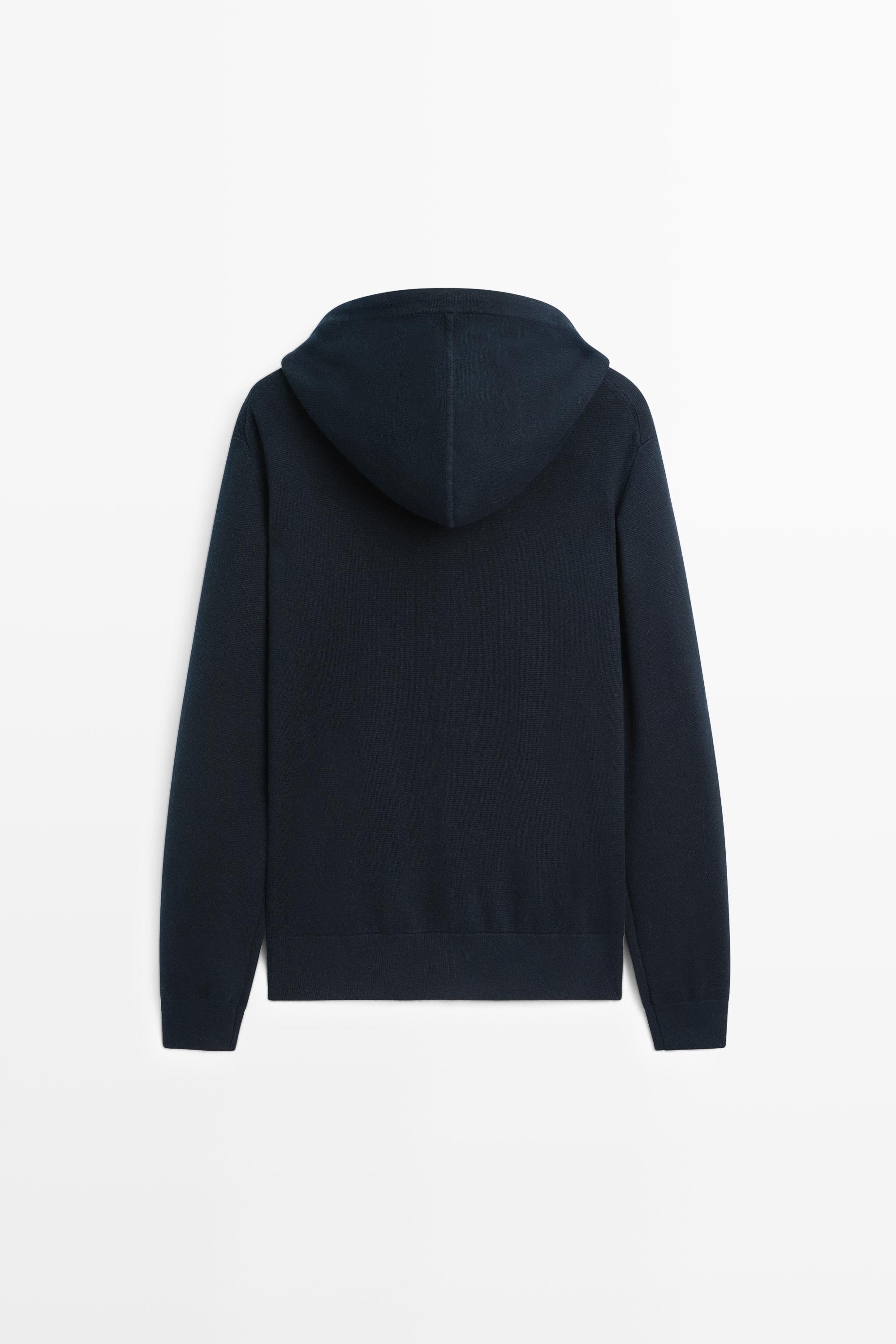 Cotton blend knit hooded cardigan — NAVY BLUE