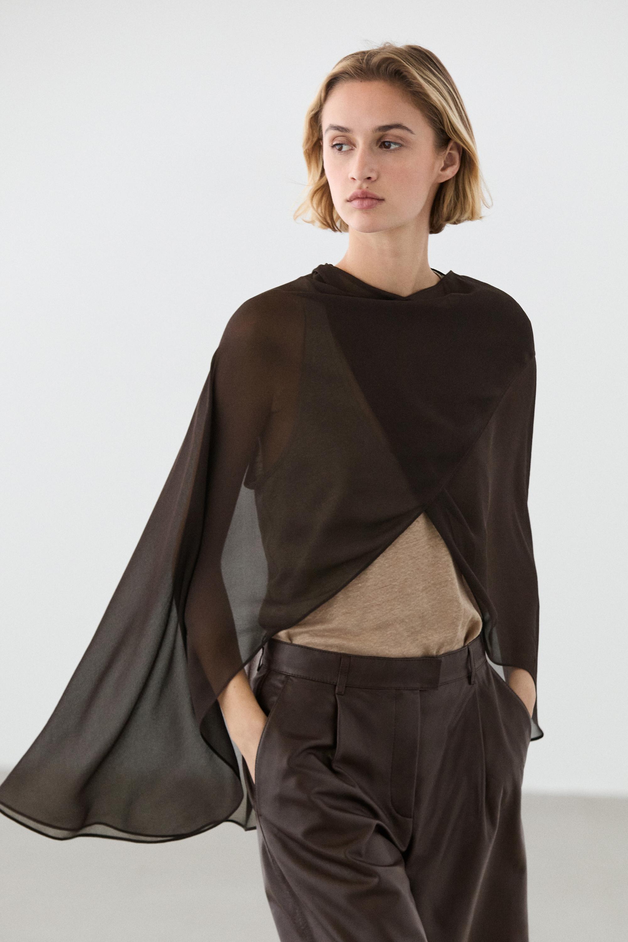 100% mulberry silk crossover cape — BROWN