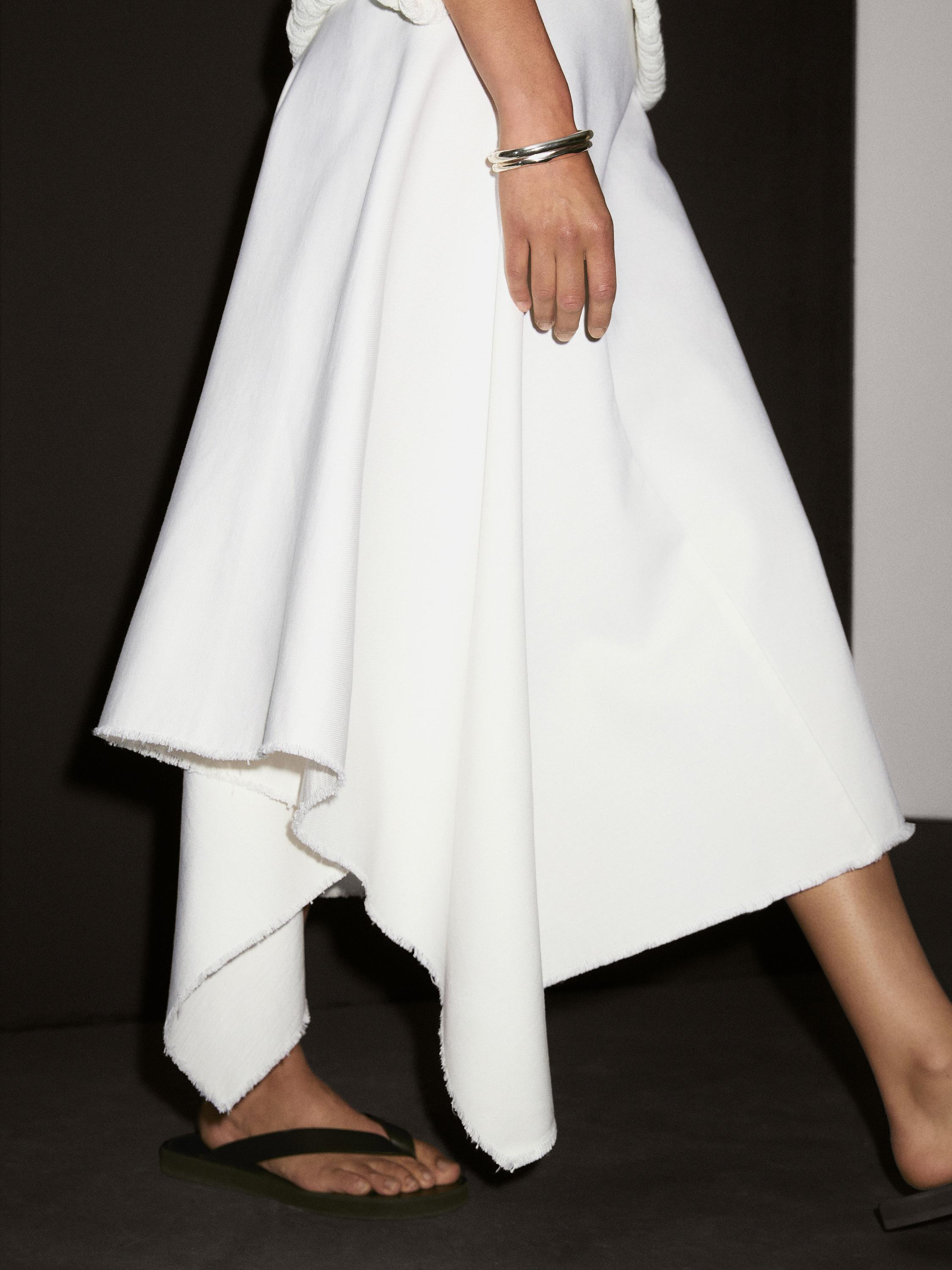 Asymmetric denim midi skirt