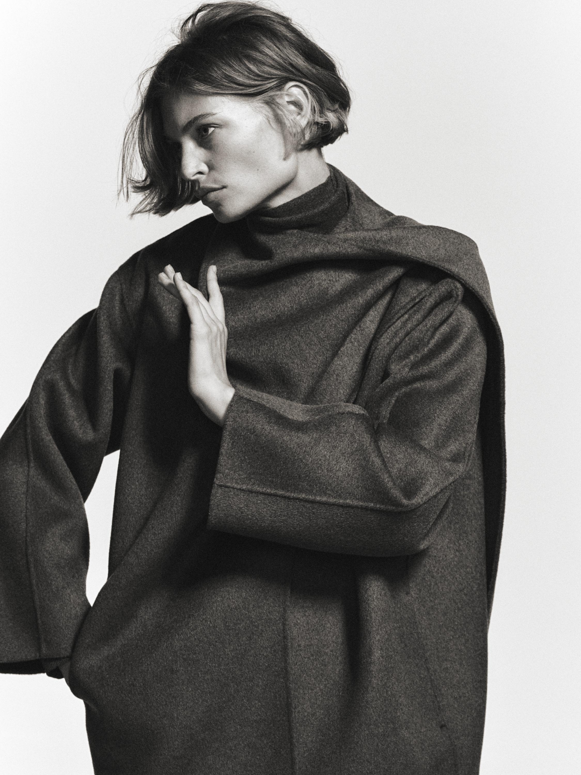 Mid-length wool blend coat with scarf