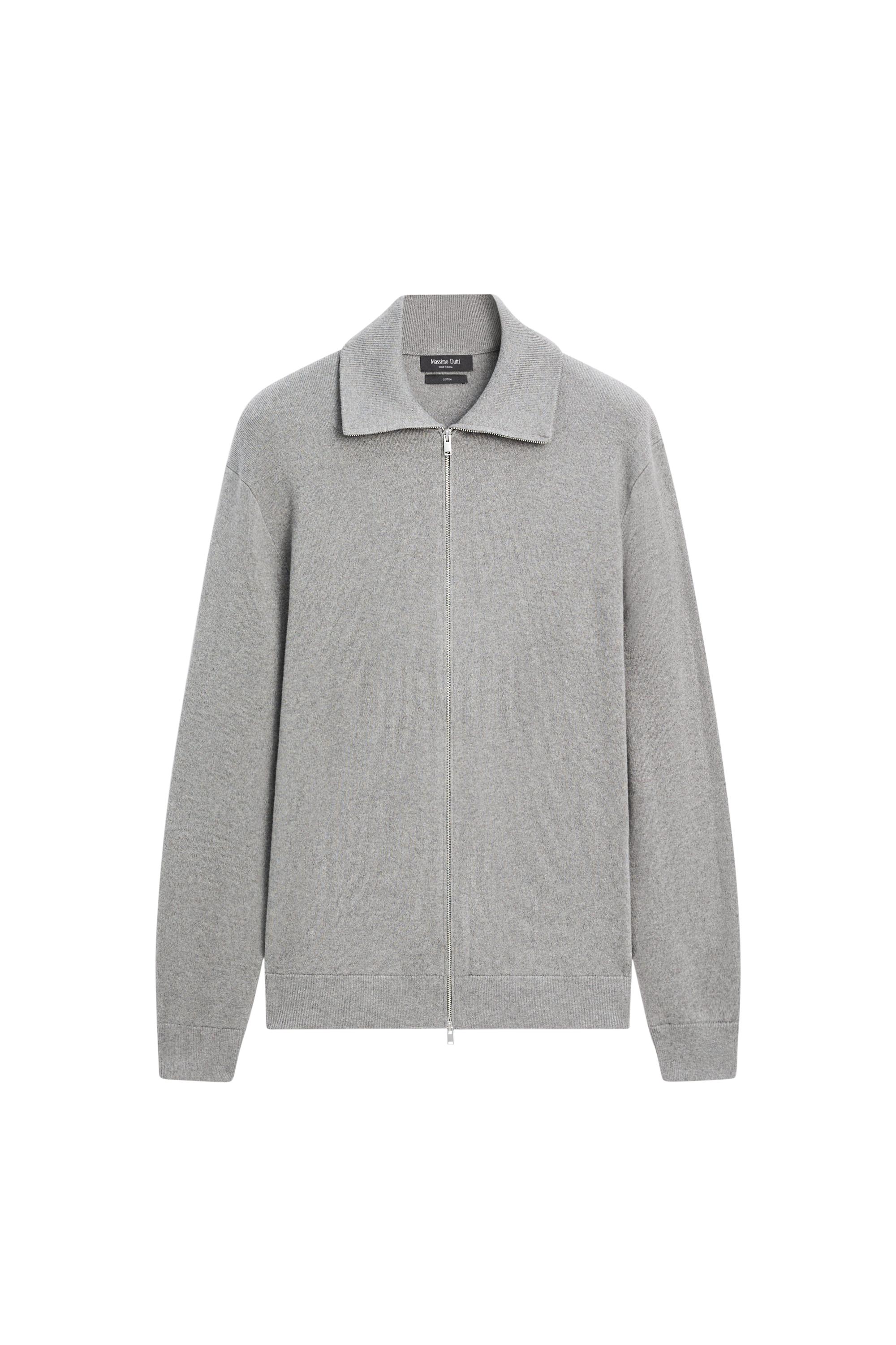 100% cotton zip-up knit cardigan · Medium Grey, Navy Blue