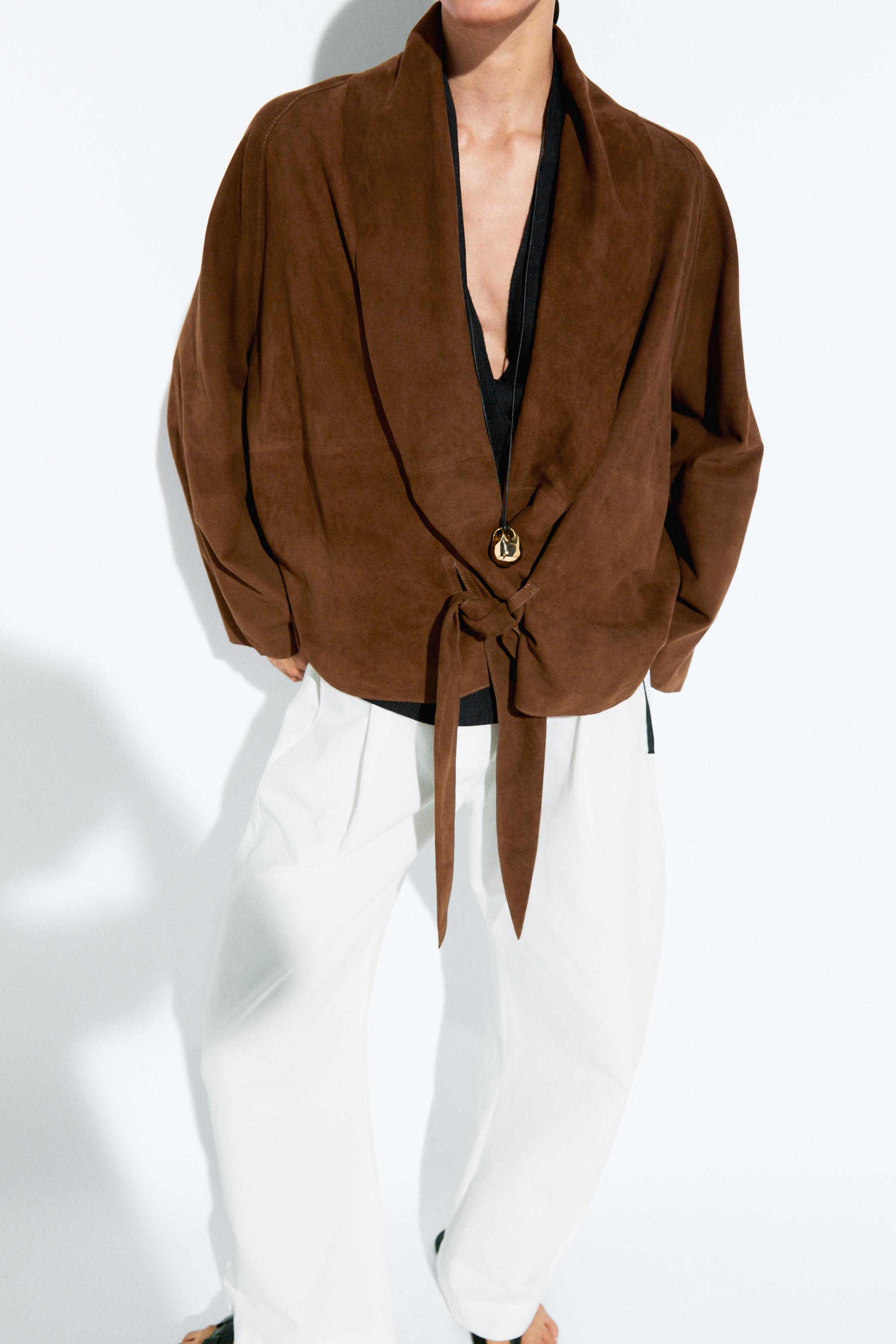 Suede leather wrap kimono — BROWN