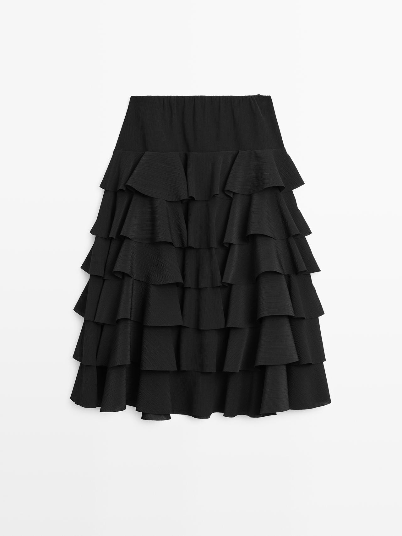 Massimo Dutti - Dames - Halflange Rok Met Ruches - Zwart - 38