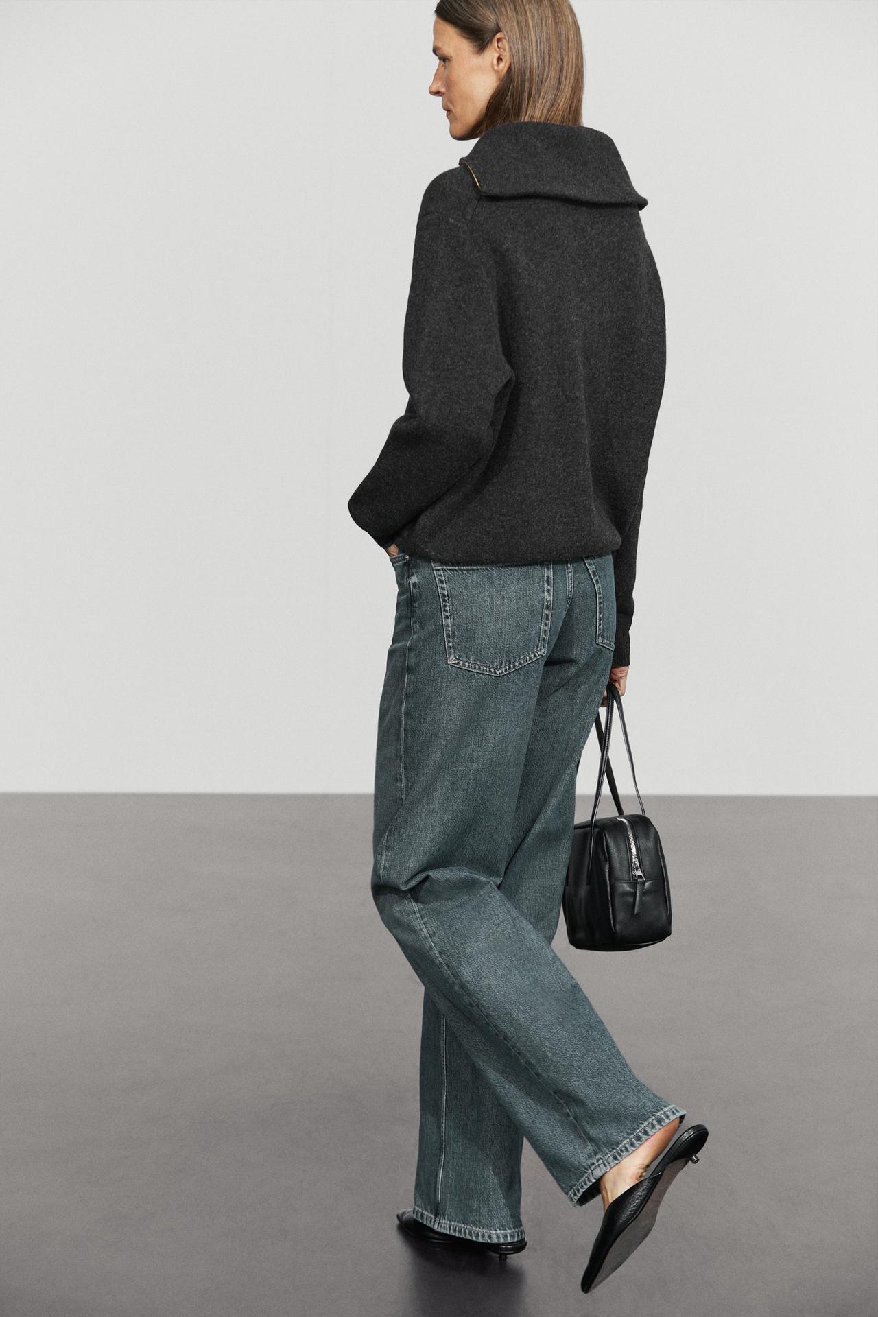 Wide collar zip-up knit sweater — ANTHRACITE GREY
