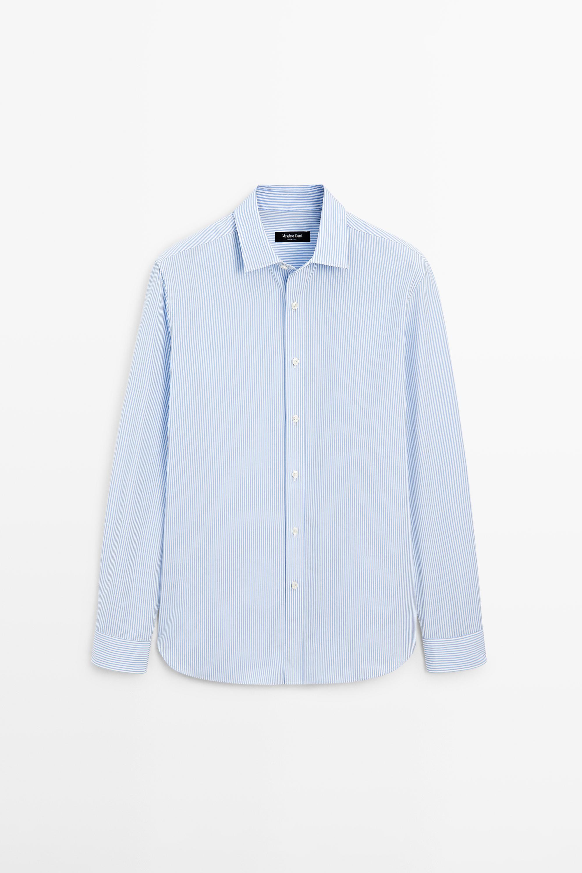 100% cotton regular fit striped shirt — SKY BLUE