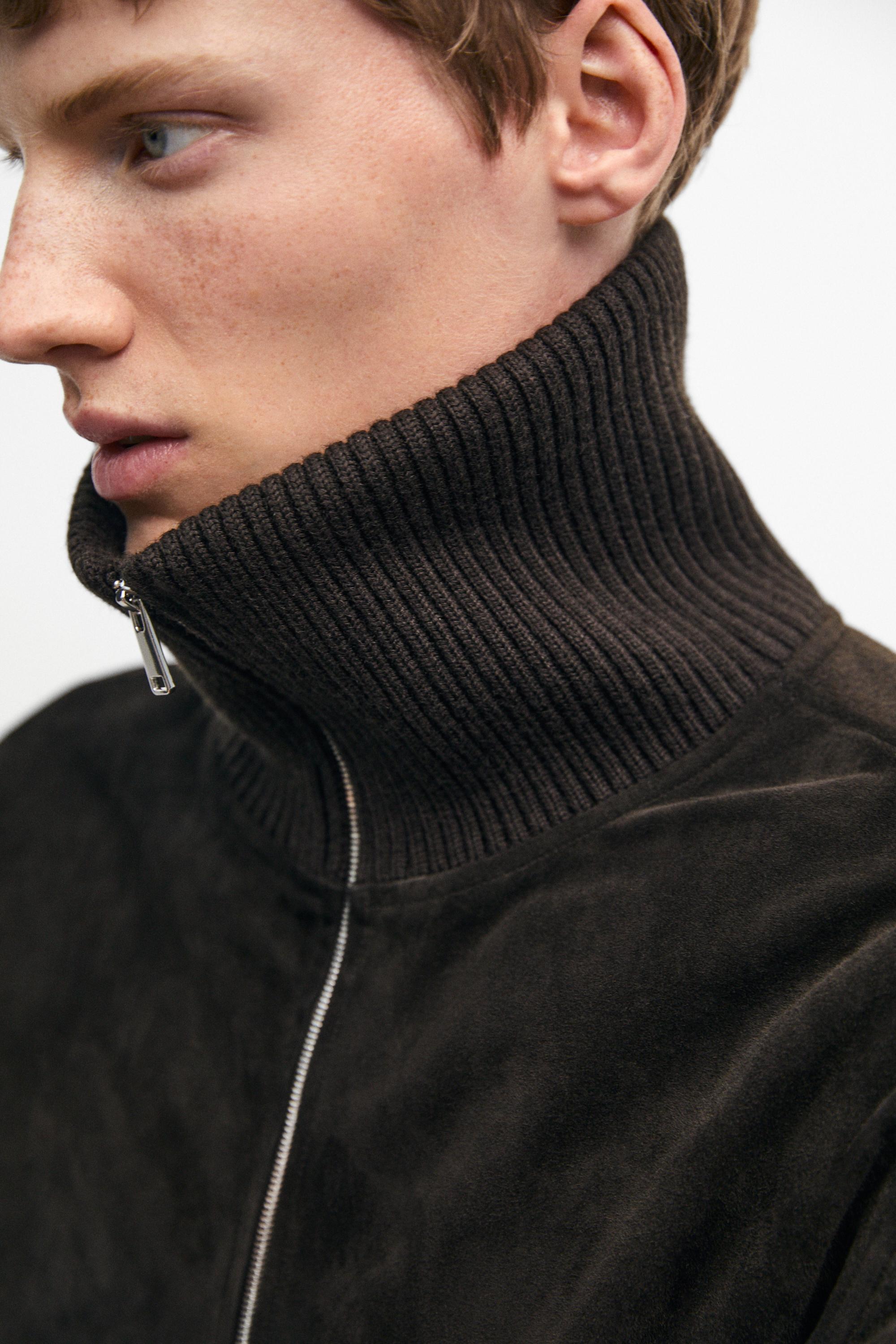 Mixed double-knit and goatskin suede cardigan — BROWN