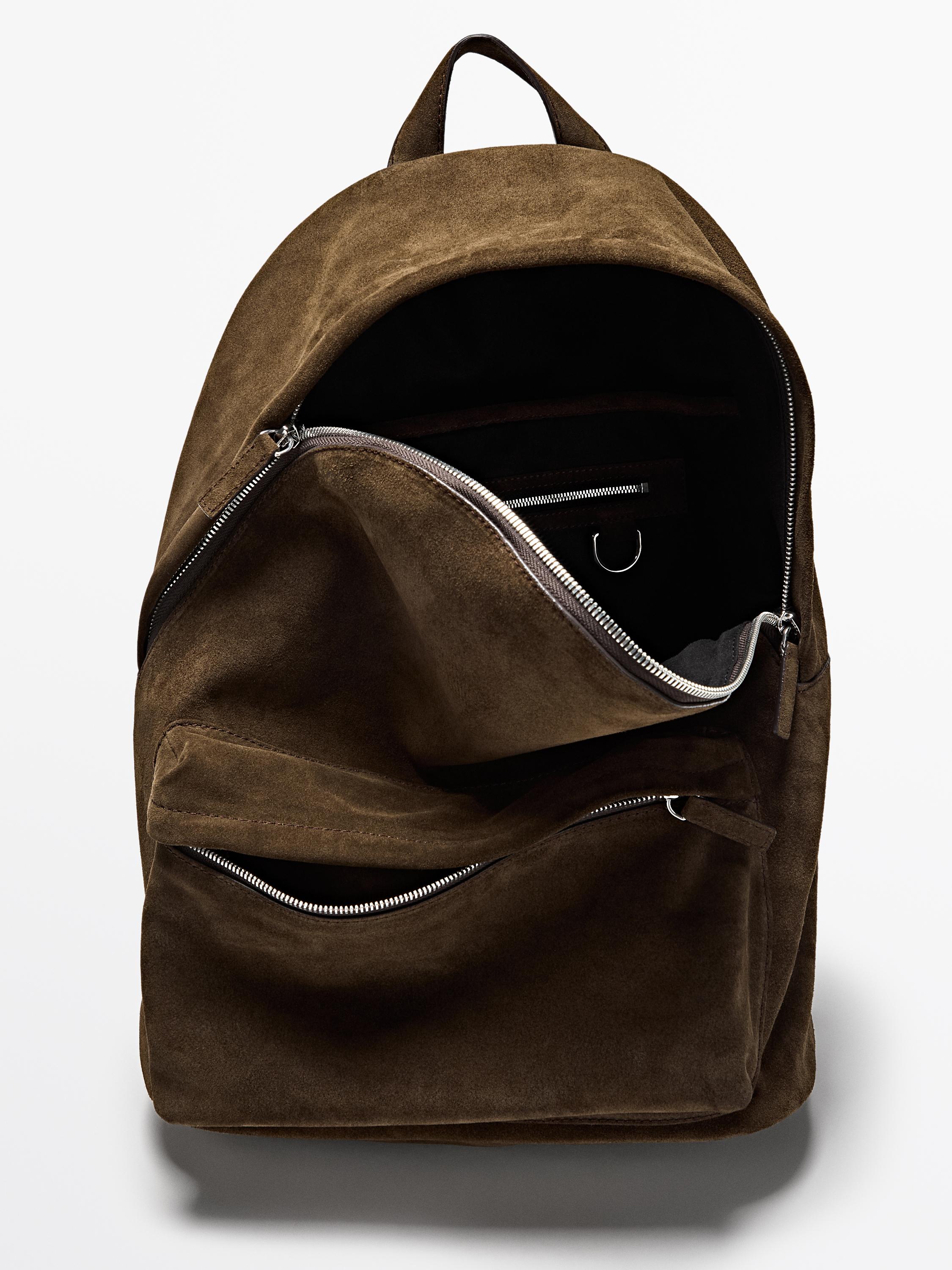 Suede leather backpack with zip — KHAKI